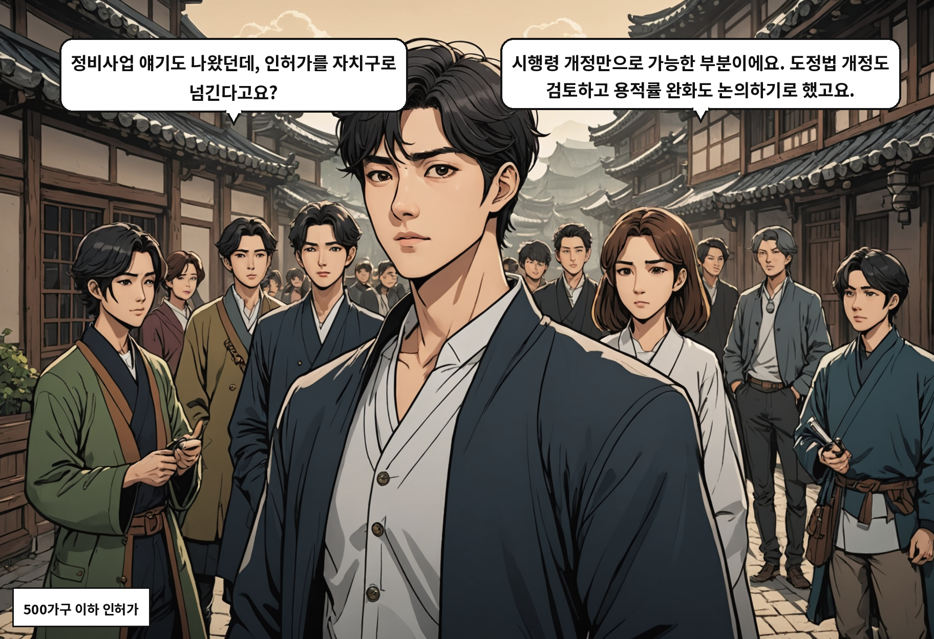 A: 정비사업 얘기도 나왔던데, 인허가를 자치구로 넘긴다고요? B: 시행령 개정만으로 가능한 부분이에요. 도정법 개정도 검토하고 용적률 완화도 논의하기로 했고요.