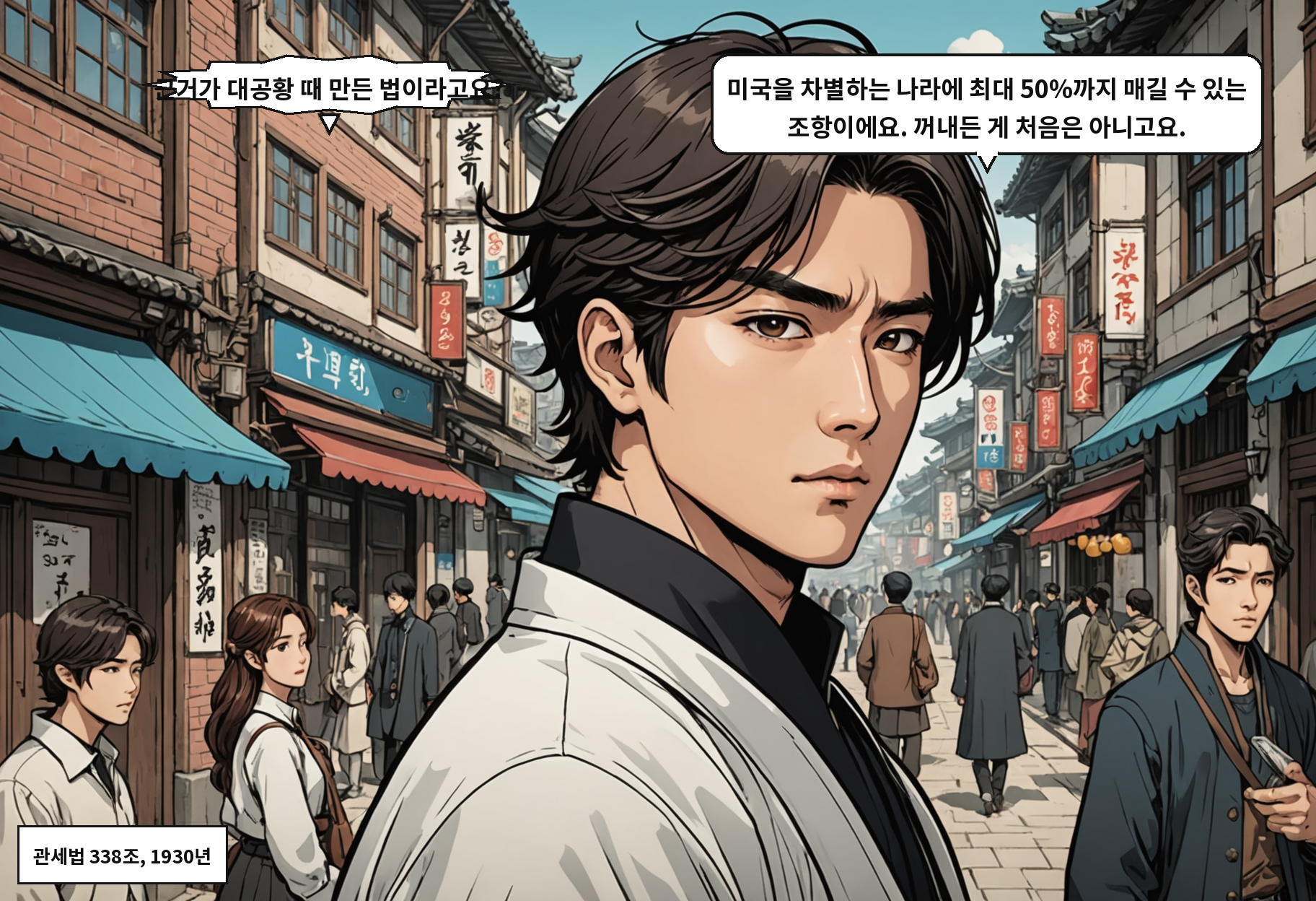A: 근거가 대공황 때 만든 법이라고요? B: 미국을 차별하는 나라에 최대 50%까지 매길 수 있는 조항이에요. 꺼내든 게 처음은 아니고요.