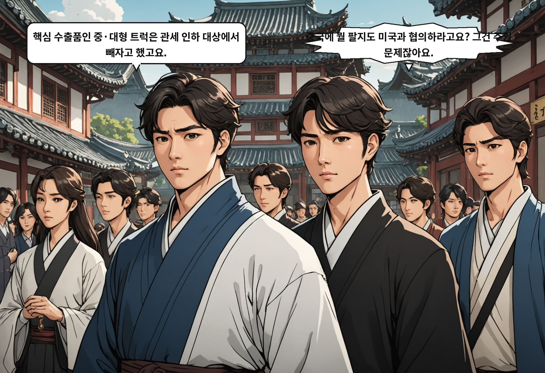 B: 핵심 수출품인 중·대형 트럭은 관세 인하 대상에서 빼자고 했고요. A: 중국에 뭘 팔지도 미국과 협의하라고요? 그건 주권 문제잖아요.