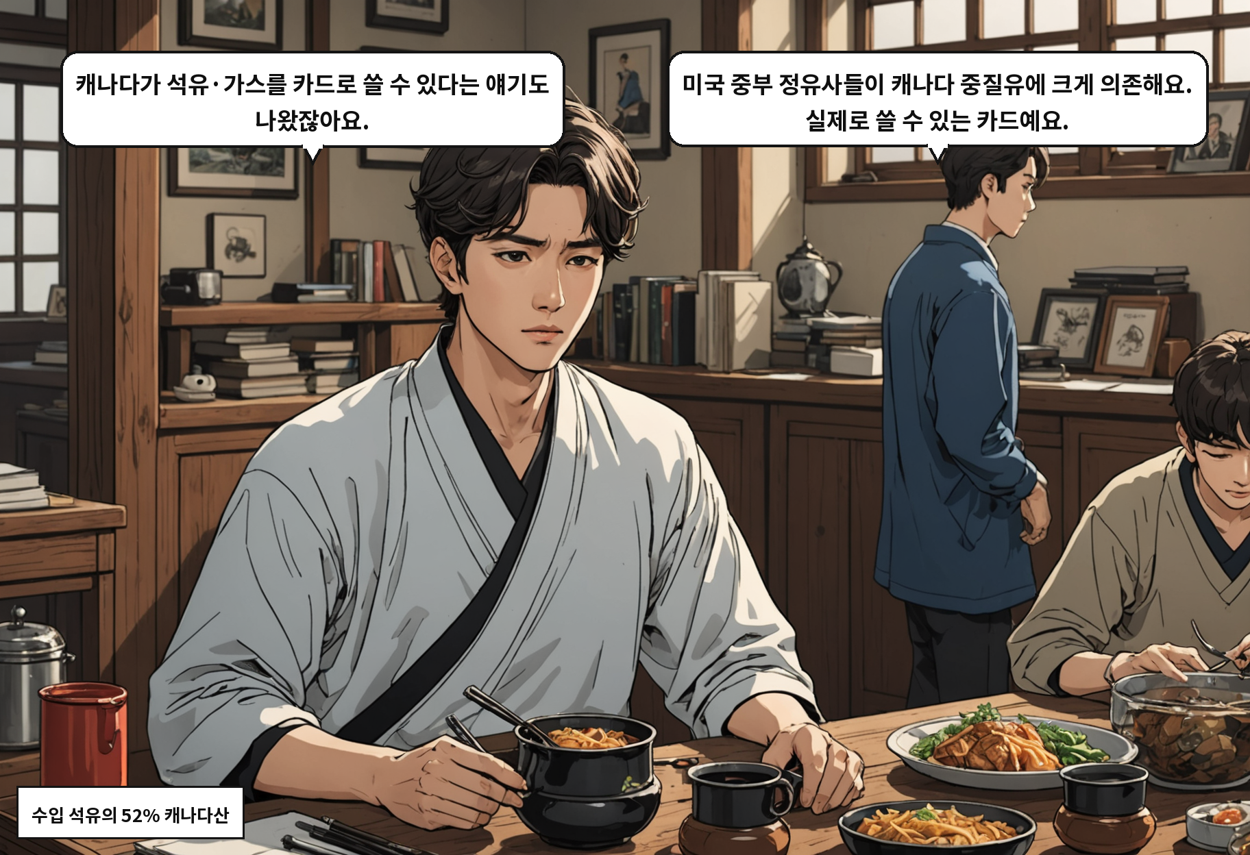 A: 캐나다가 석유·가스를 카드로 쓸 수 있다는 얘기도 나왔잖아요. B: 미국 중부 정유사들이 캐나다 중질유에 크게 의존해요. 실제로 쓸 수 있는 카드예요.