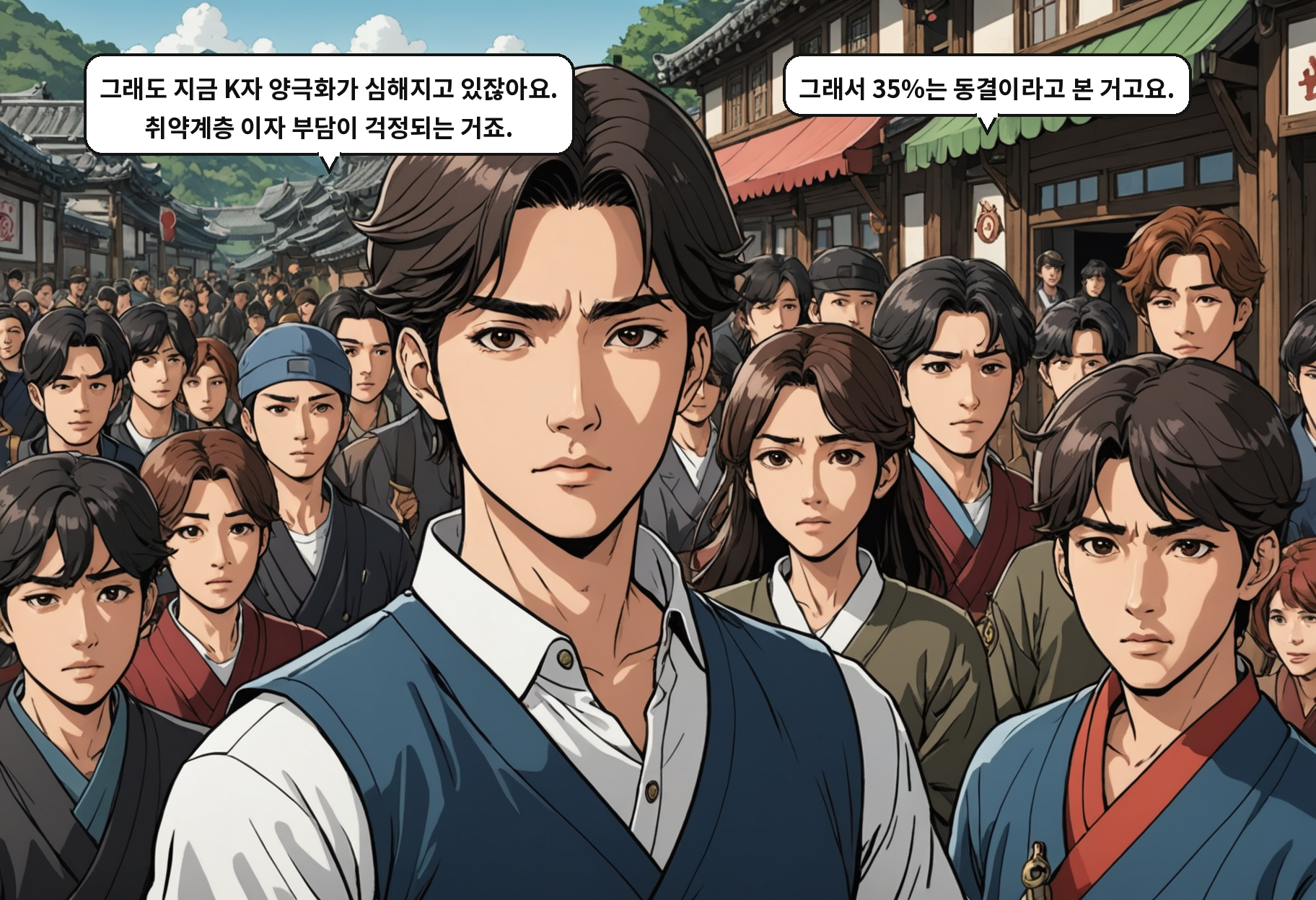 B: 그래도 지금 K자 양극화가 심해지고 있잖아요. 취약계층 이자 부담이 걱정되는 거죠. A: 그래서 35%는 동결이라고 본 거고요.