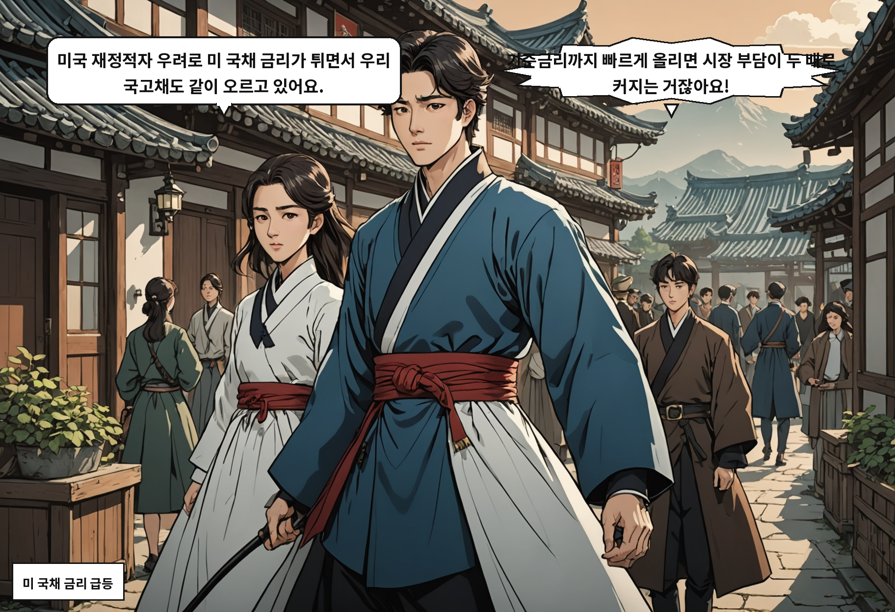 A: 미국 재정적자 우려로 미 국채 금리가 튀면서 우리 국고채도 같이 오르고 있어요. B: 기준금리까지 빠르게 올리면 시장 부담이 두 배로 커지는 거잖아요!