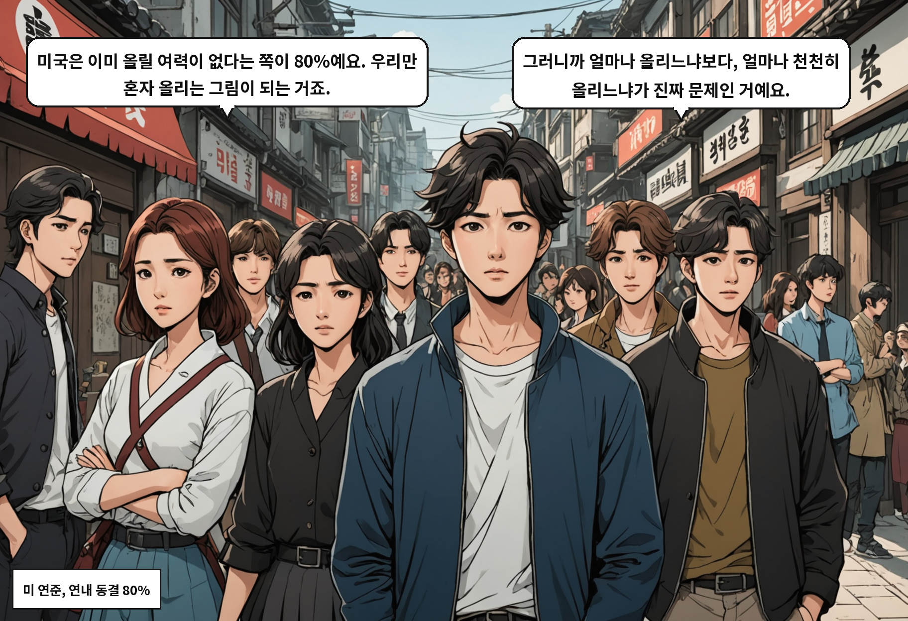 A: 미국은 이미 올릴 여력이 없다는 쪽이 80%예요. 우리만 혼자 올리는 그림이 되는 거죠. B: 그러니까 얼마나 올리느냐보다, 얼마나 천천히 올리느냐가 진짜 문제인 거예요.
