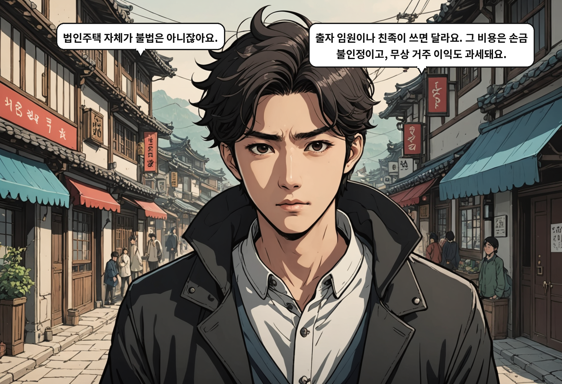 B: 법인주택 자체가 불법은 아니잖아요. A: 출자 임원이나 친족이 쓰면 달라요. 그 비용은 손금 불인정이고, 무상 거주 이익도 과세돼요.