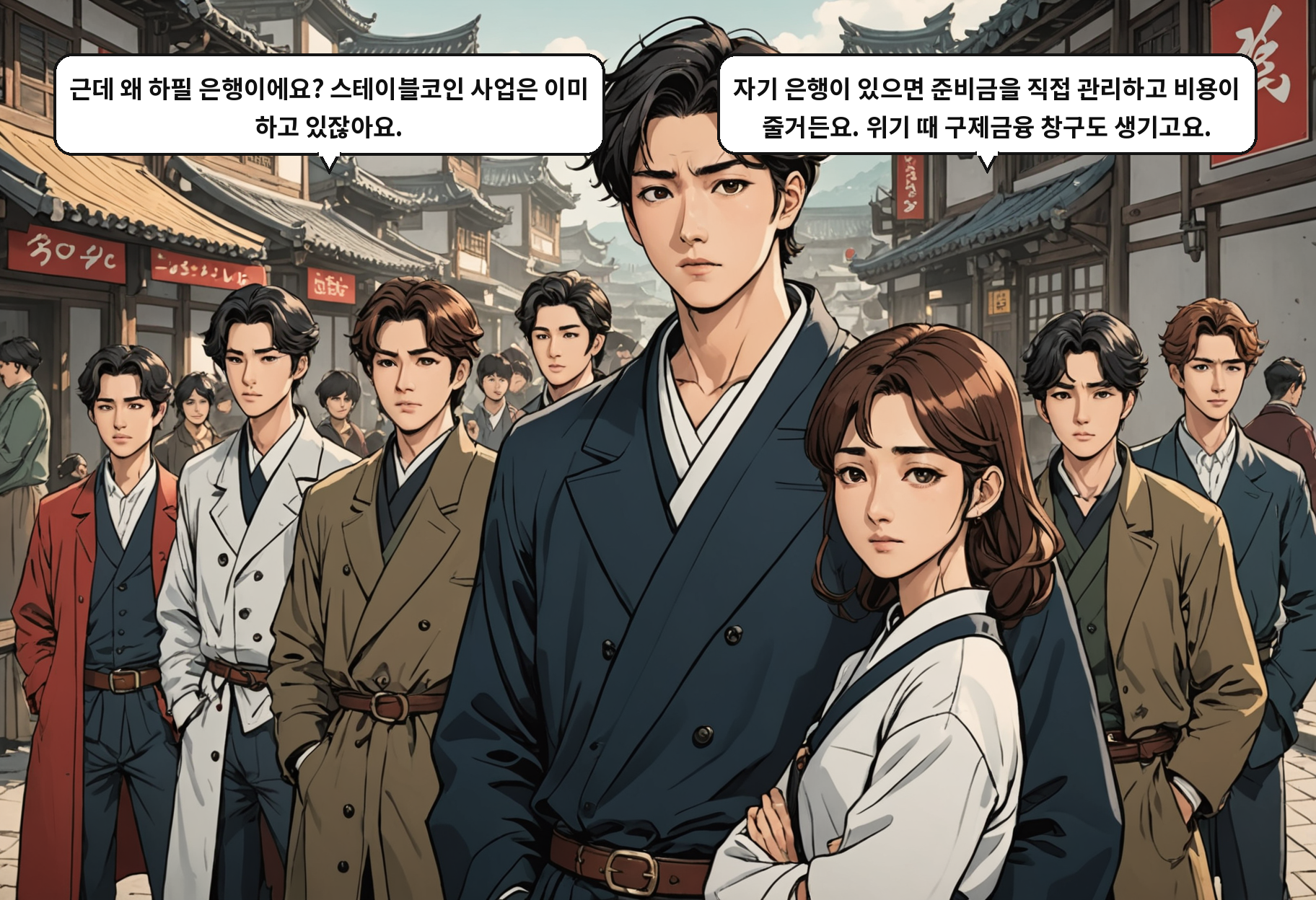 A: 근데 왜 하필 은행이에요? 스테이블코인 사업은 이미 하고 있잖아요. B: 자기 은행이 있으면 준비금을 직접 관리하고 비용이 줄거든요. 위기 때 구제금융 창구도 생기고요.