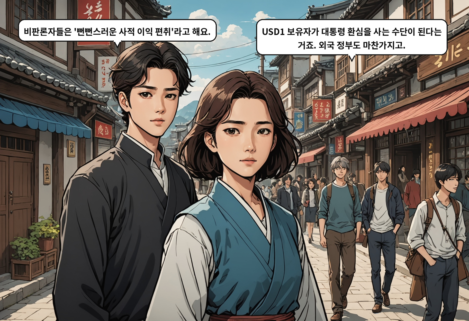 B: 비판론자들은 '뻔뻔스러운 사적 이익 편취'라고 해요. A: USD1 보유자가 대통령 환심을 사는 수단이 된다는 거죠. 외국 정부도 마찬가지고.