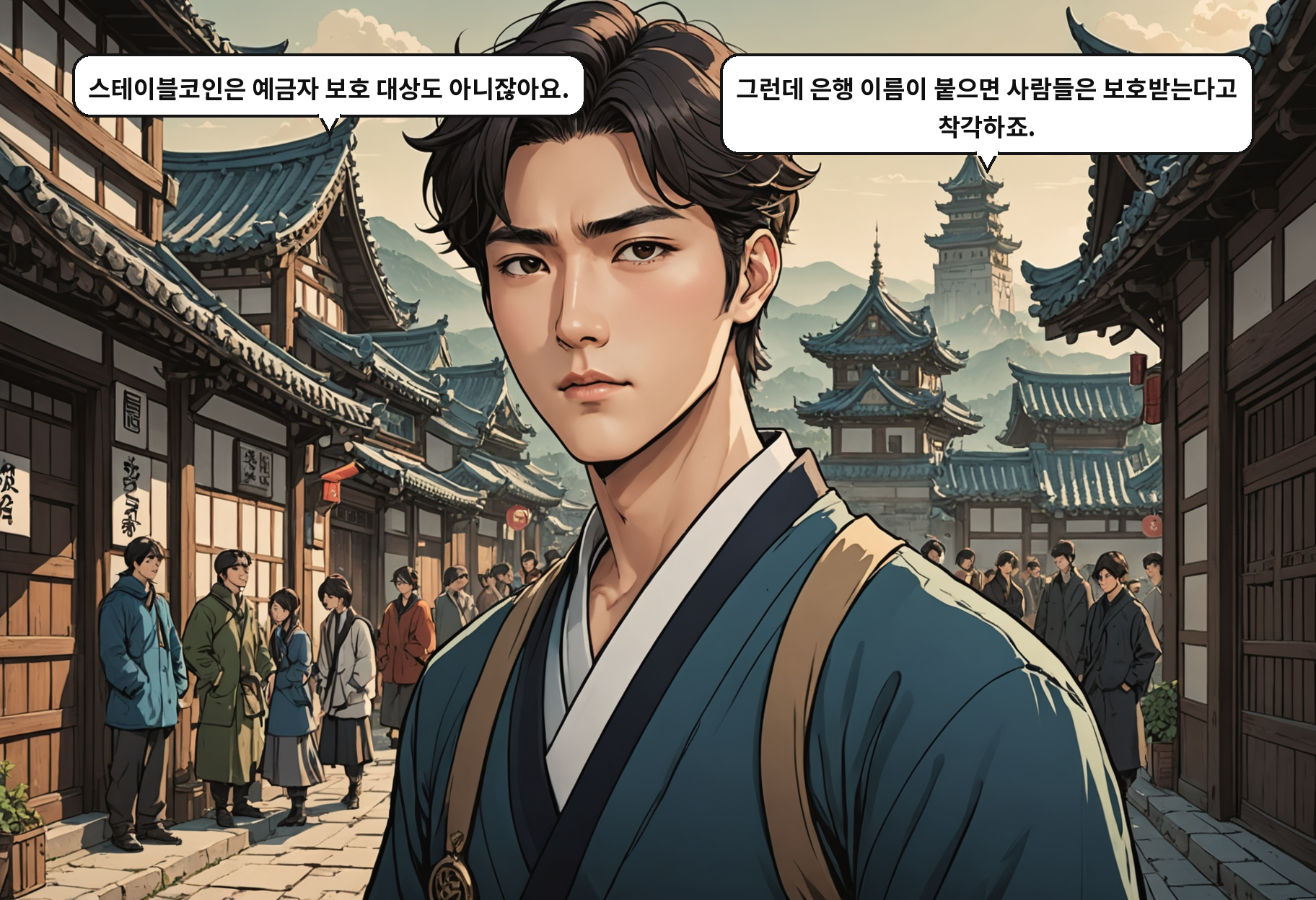 A: 스테이블코인은 예금자 보호 대상도 아니잖아요. B: 그런데 은행 이름이 붙으면 사람들은 보호받는다고 착각하죠.