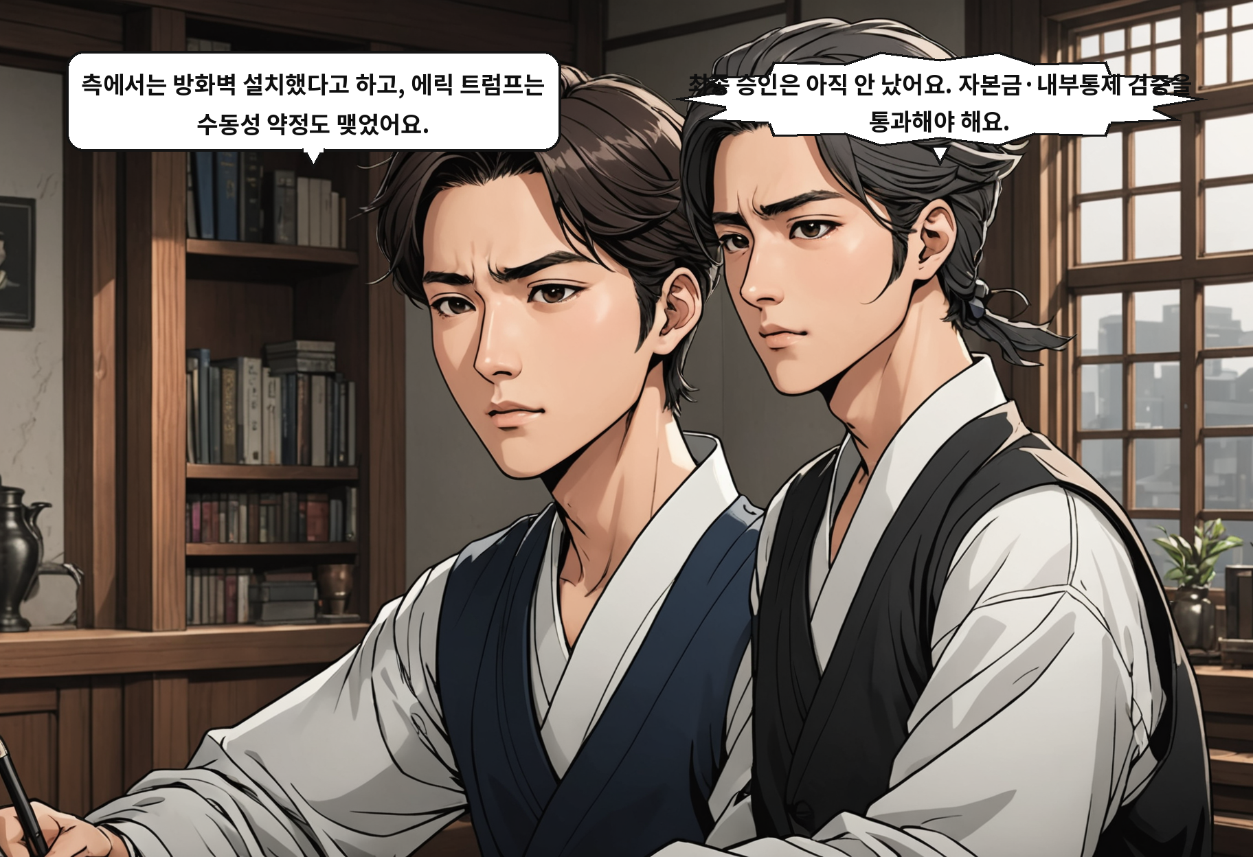 B: 측에서는 방화벽 설치했다고 하고, 에릭 트럼프는 수동성 약정도 맺었어요. A: 최종 승인은 아직 안 났어요. 자본금·내부통제 검증을 통과해야 해요.