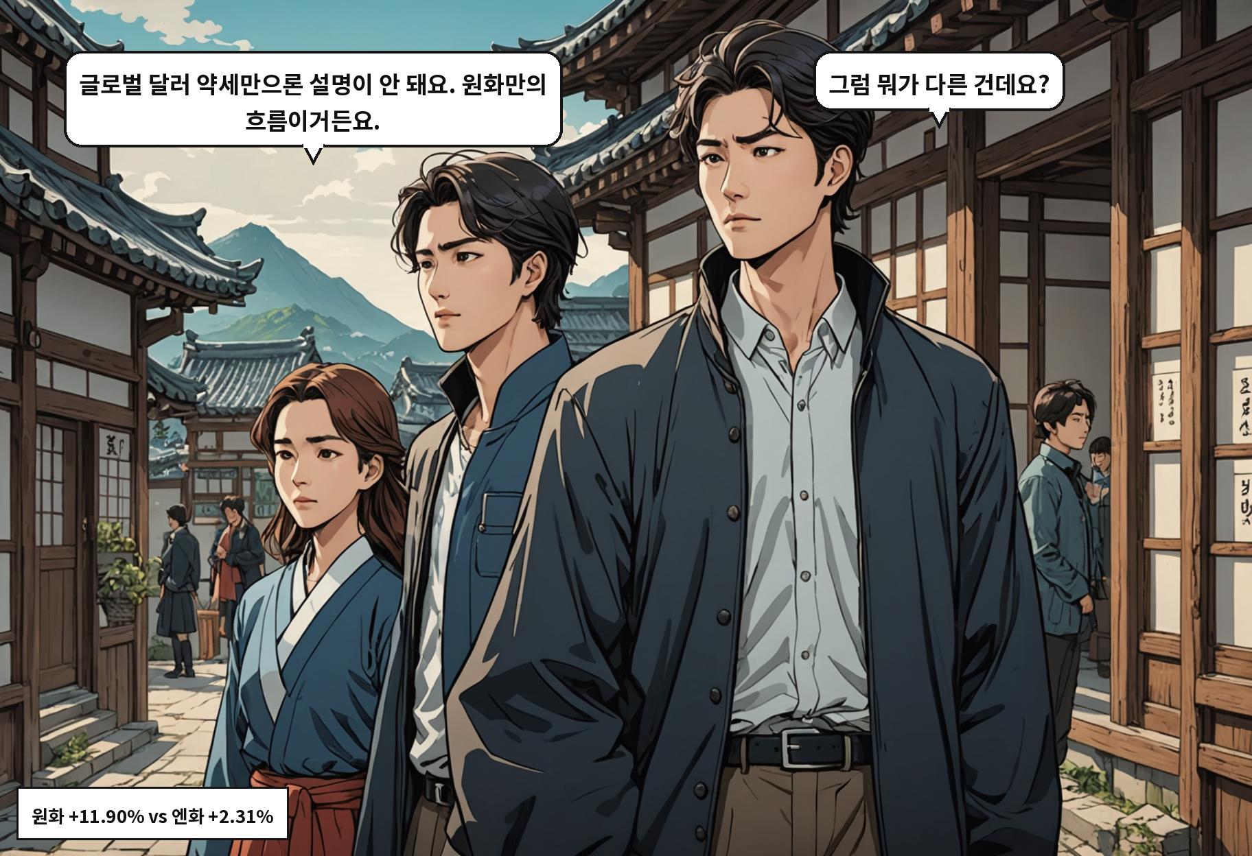 A: 글로벌 달러 약세만으론 설명이 안 돼요. 원화만의 흐름이거든요. B: 그럼 뭐가 다른 건데요?