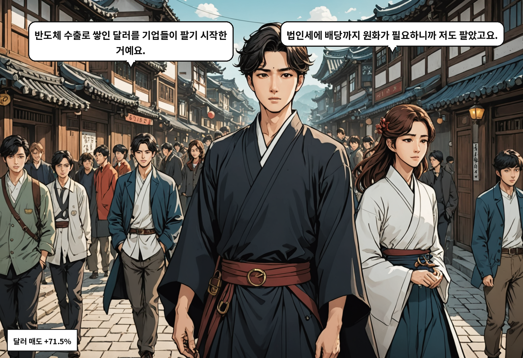 A: 반도체 수출로 쌓인 달러를 기업들이 팔기 시작한 거예요. B: 법인세에 배당까지 원화가 필요하니까 저도 팔았고요.