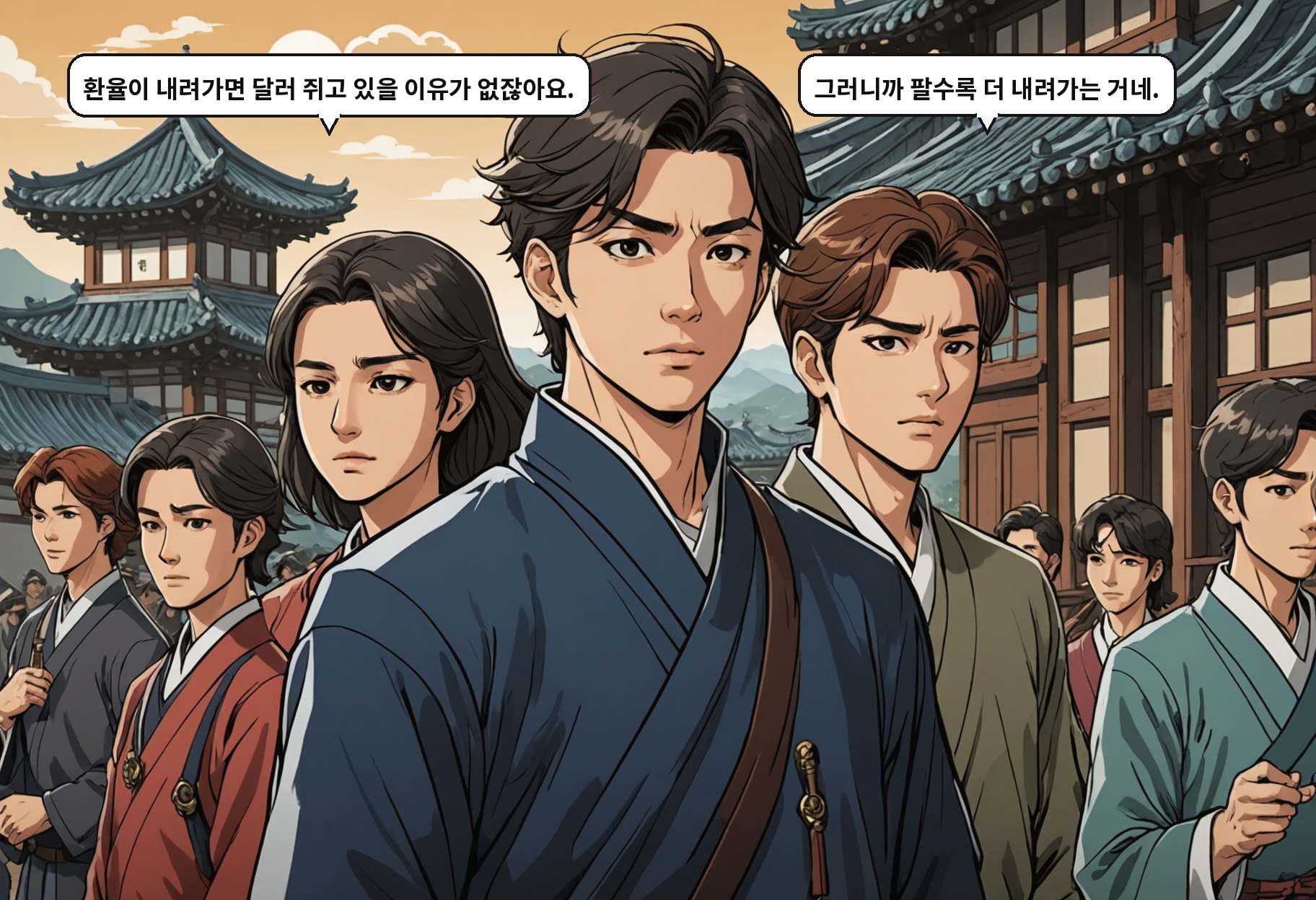 A: 환율이 내려가면 달러 쥐고 있을 이유가 없잖아요. B: 그러니까 팔수록 더 내려가는 거네.