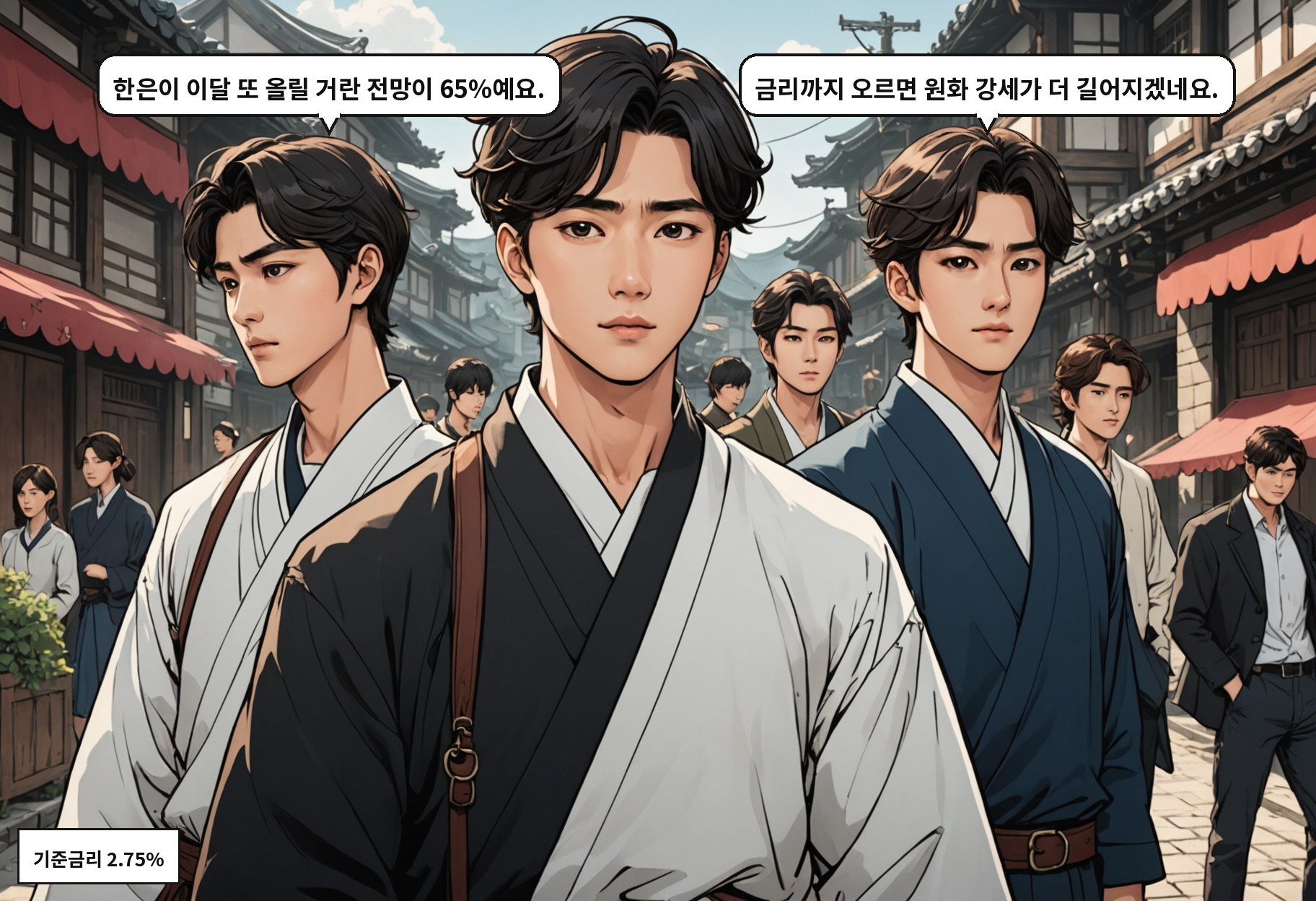 A: 한은이 이달 또 올릴 거란 전망이 65%예요. B: 금리까지 오르면 원화 강세가 더 길어지겠네요.