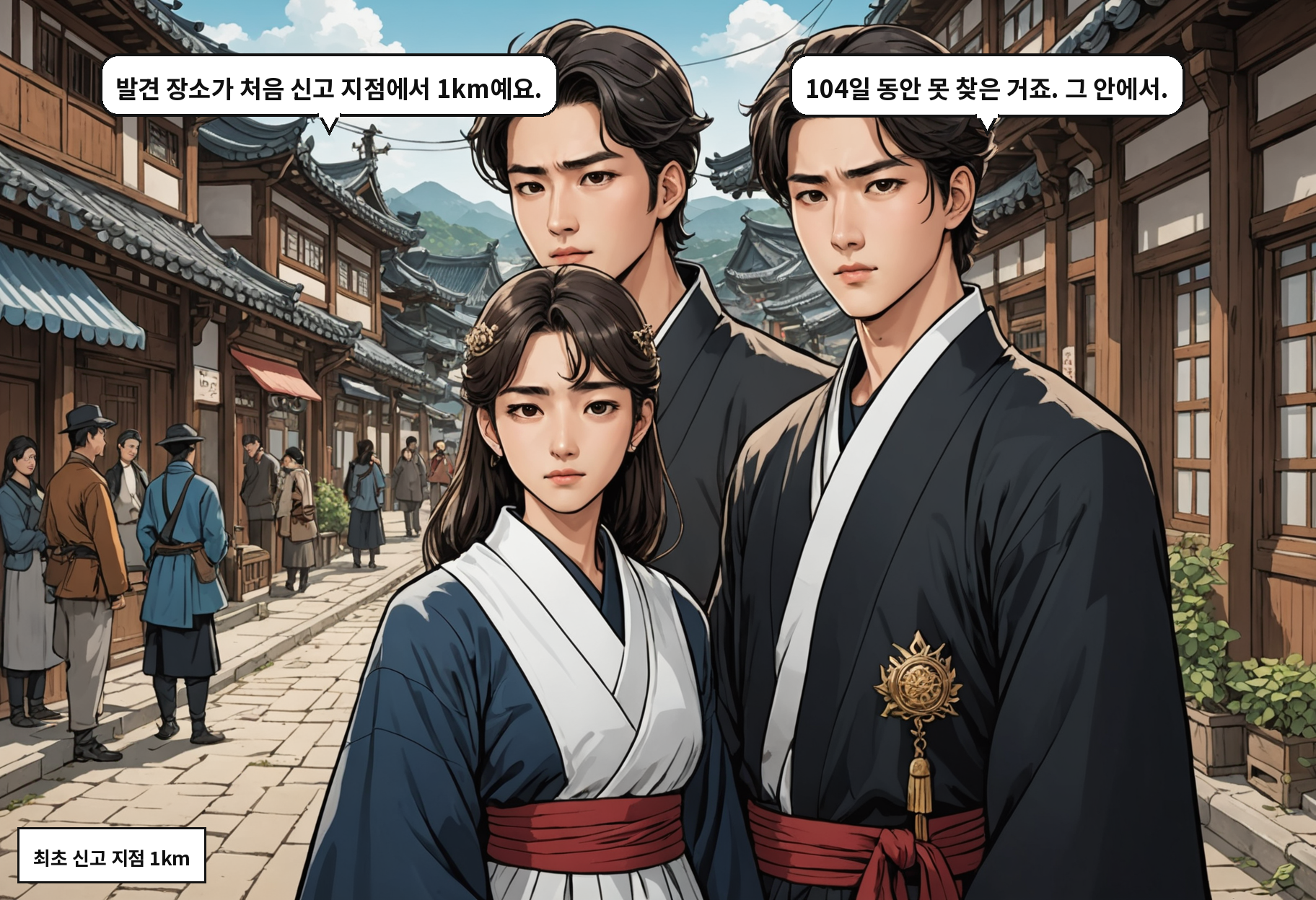 A: 발견 장소가 처음 신고 지점에서 1km예요. B: 104일 동안 못 찾은 거죠. 그 안에서.