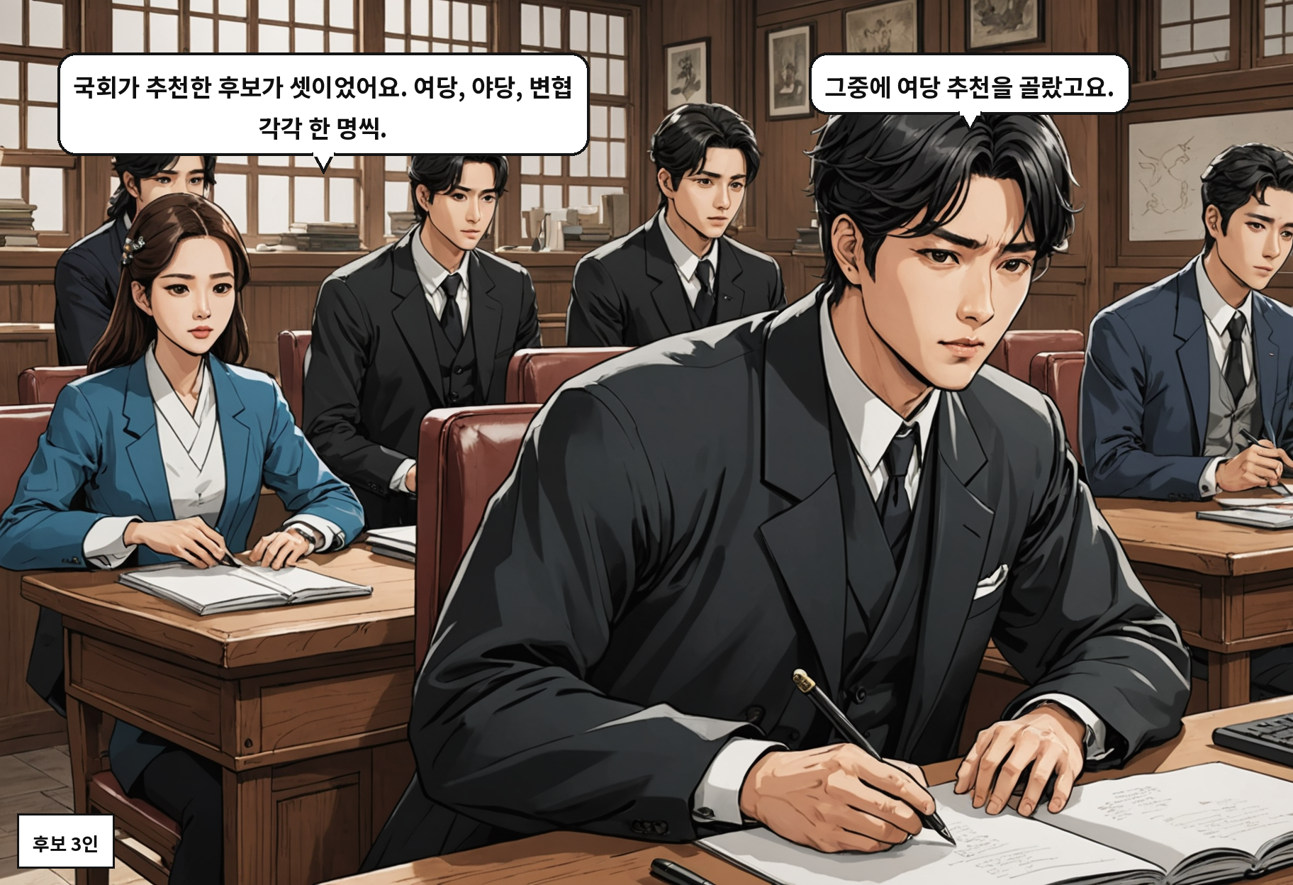B: 국회가 추천한 후보가 셋이었어요. 여당, 야당, 변협 각각 한 명씩. A: 그중에 여당 추천을 골랐고요.