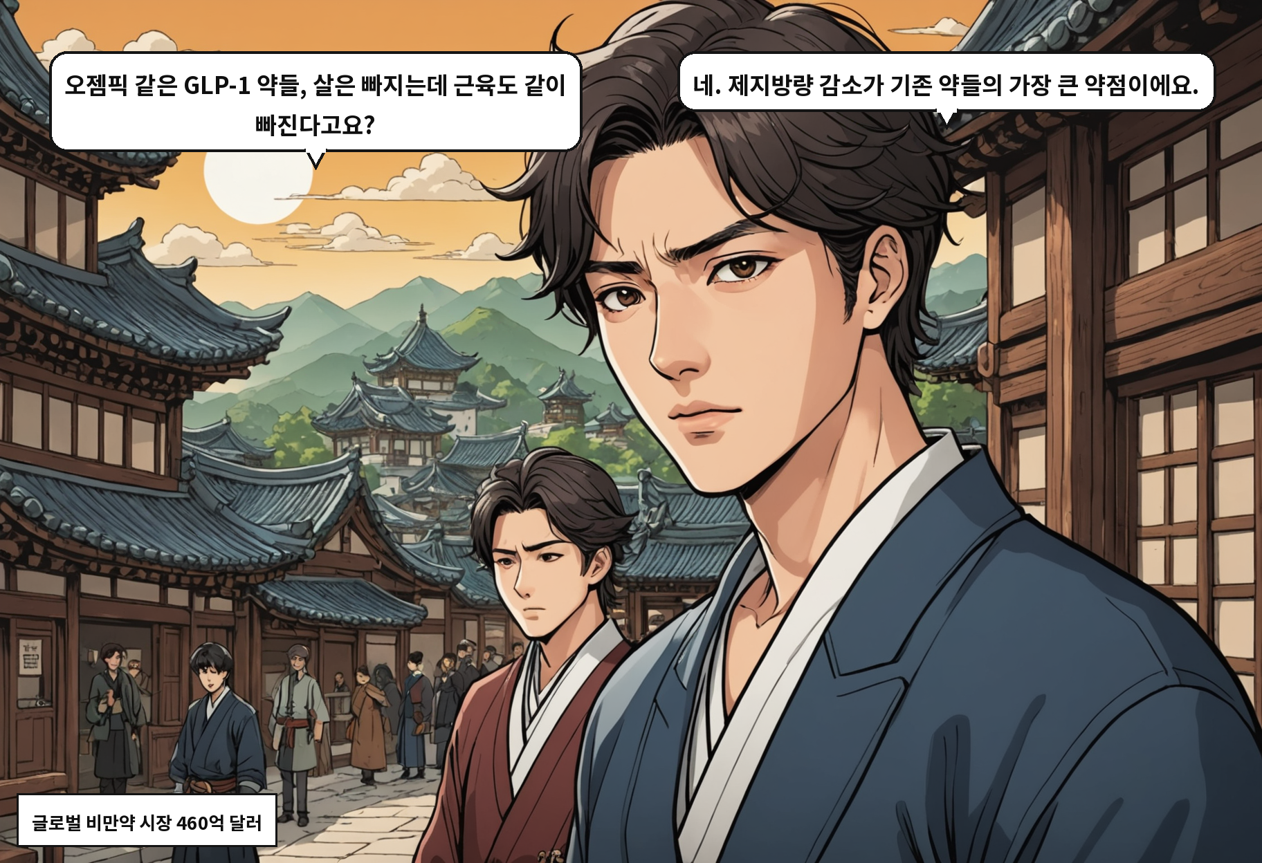 A: 오젬픽 같은 GLP-1 약들, 살은 빠지는데 근육도 같이 빠진다고요? B: 네. 제지방량 감소가 기존 약들의 가장 큰 약점이에요.
