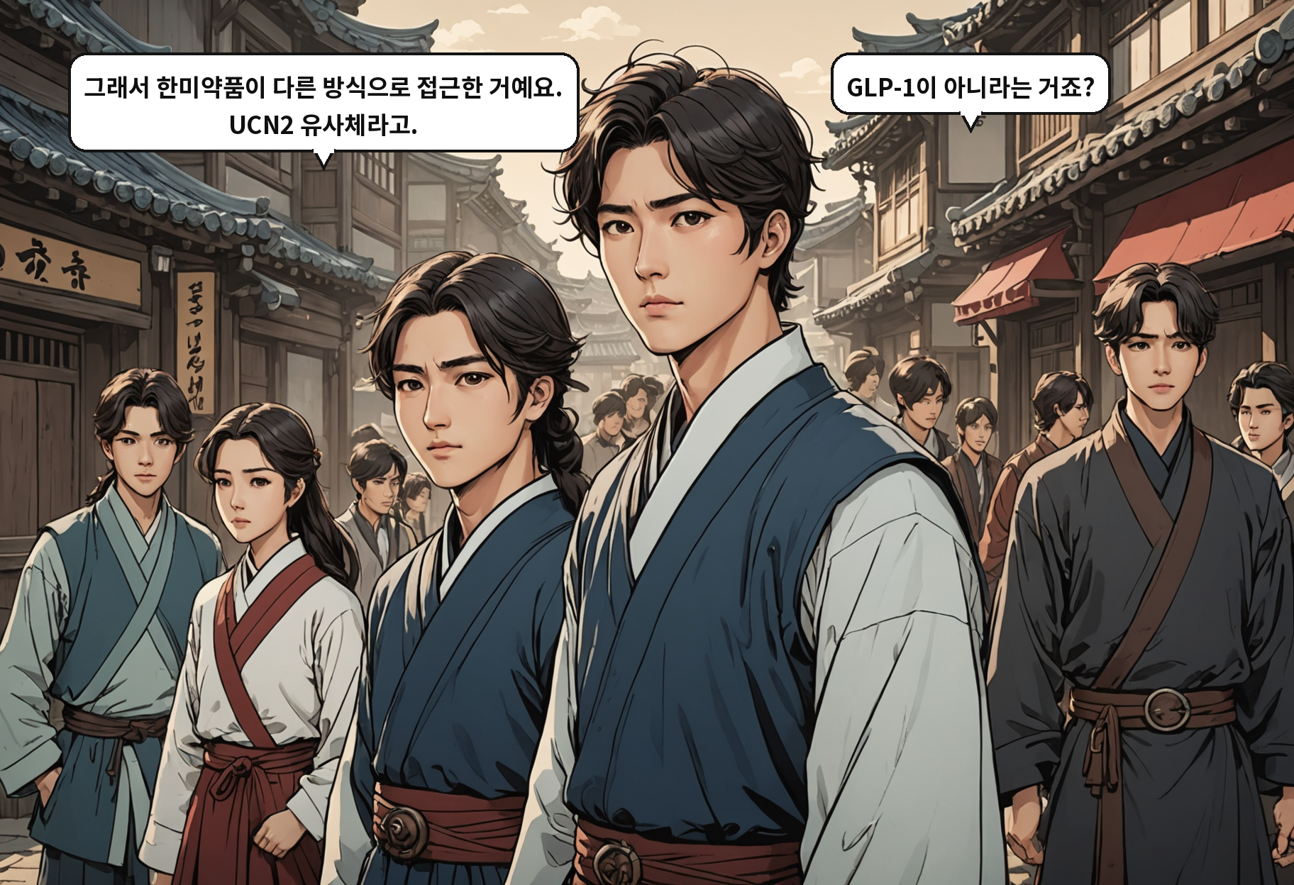 B: 그래서 한미약품이 다른 방식으로 접근한 거예요. UCN2 유사체라고. A: GLP-1이 아니라는 거죠?