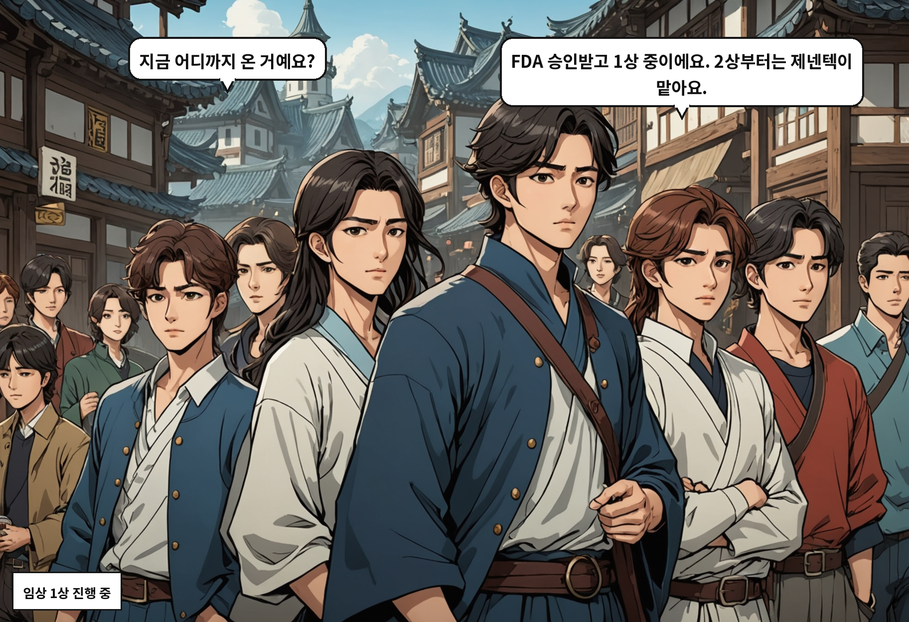 A: 지금 어디까지 온 거예요? B: FDA 승인받고 1상 중이에요. 2상부터는 제넨텍이 맡아요.