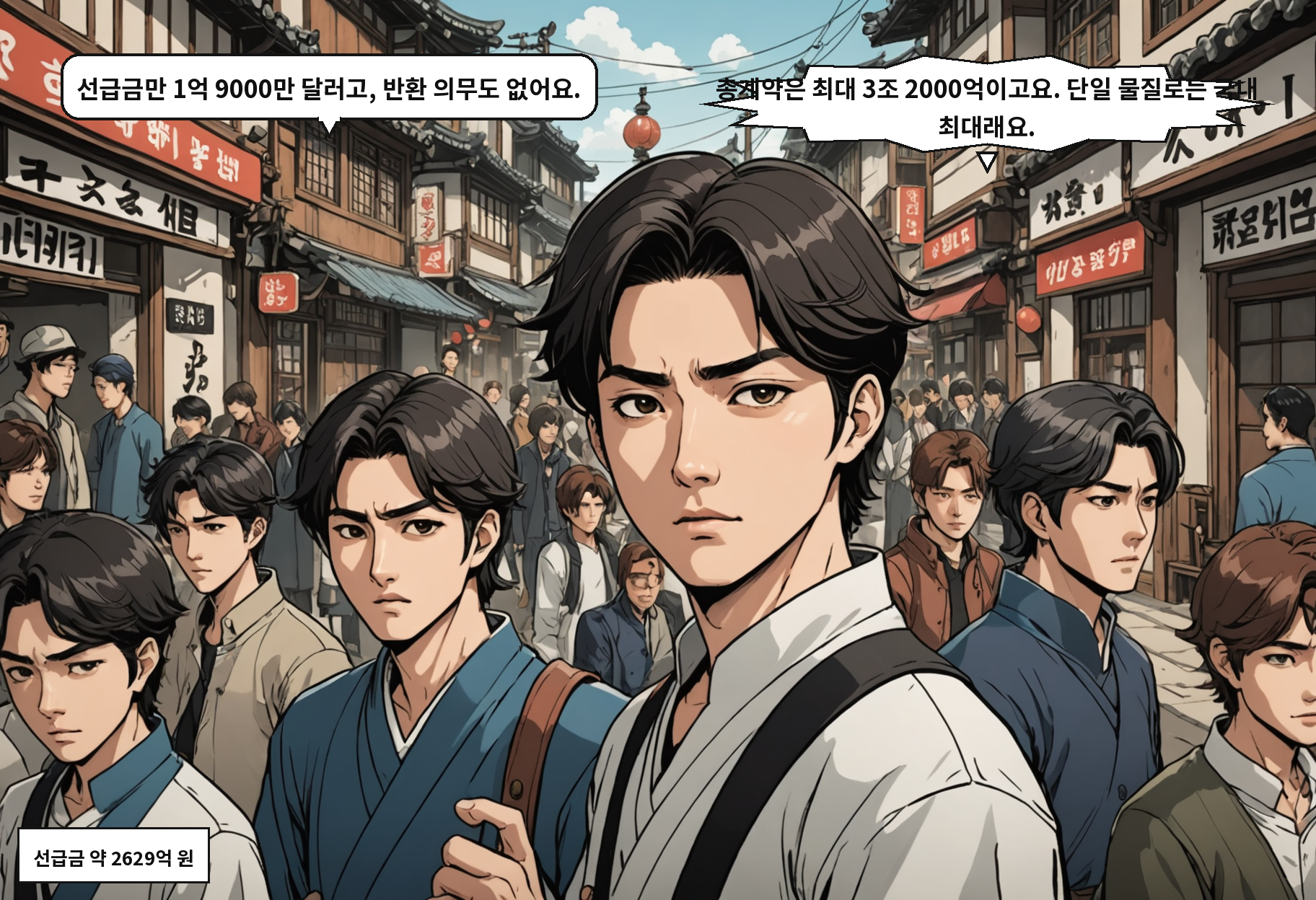 B: 선급금만 1억 9000만 달러고, 반환 의무도 없어요. A: 총계약은 최대 3조 2000억이고요. 단일 물질로는 국내 최대래요.