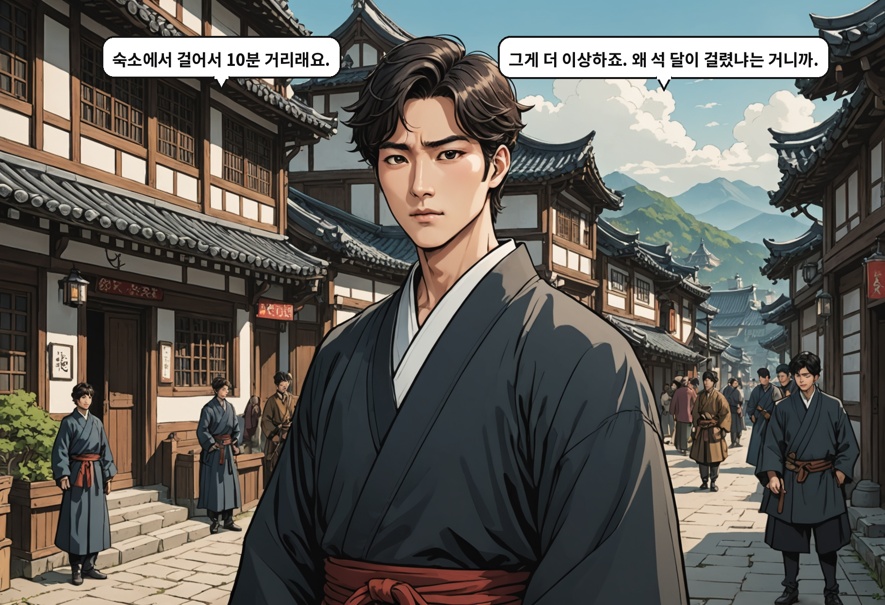 A: 숙소에서 걸어서 10분 거리래요. B: 그게 더 이상하죠. 왜 석 달이 걸렸냐는 거니까.