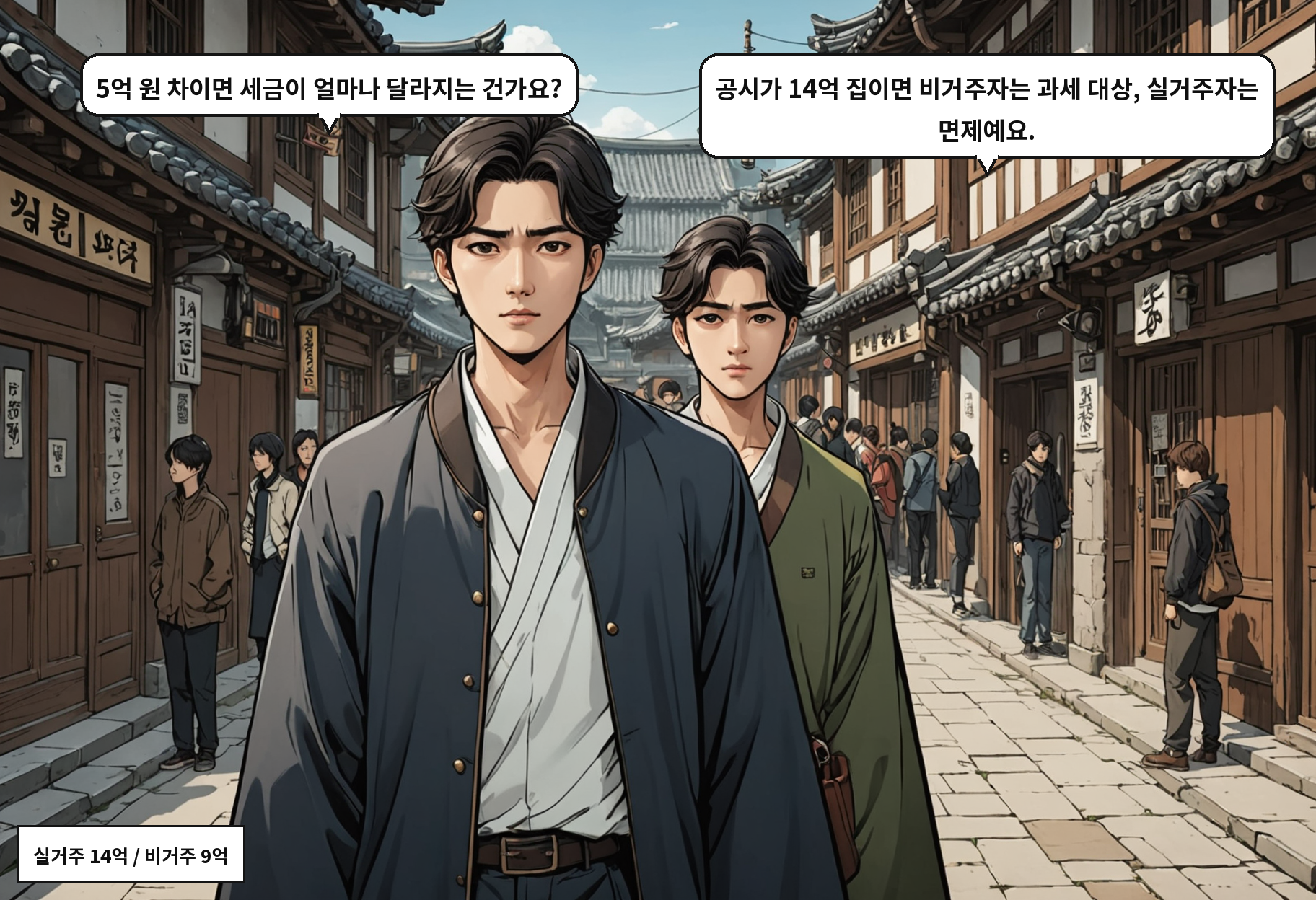 A: 5억 원 차이면 세금이 얼마나 달라지는 건가요? B: 공시가 14억 집이면 비거주자는 과세 대상, 실거주자는 면제예요.