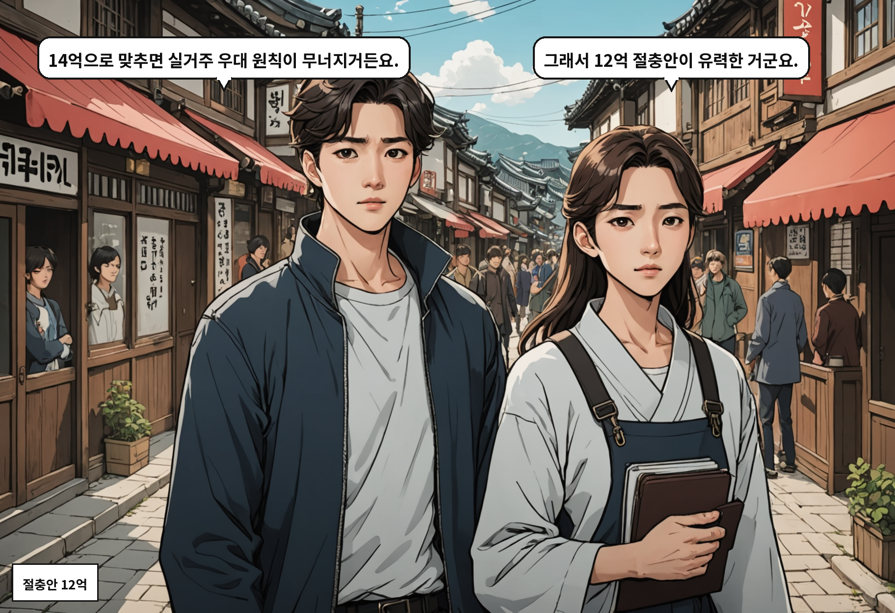 B: 14억으로 맞추면 실거주 우대 원칙이 무너지거든요. A: 그래서 12억 절충안이 유력한 거군요.