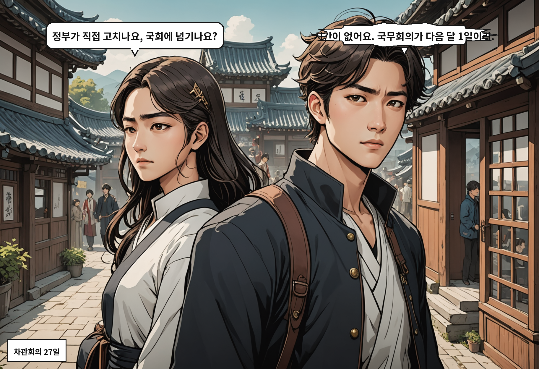 A: 정부가 직접 고치나요, 국회에 넘기나요? B: 시간이 없어요. 국무회의가 다음 달 1일이라.