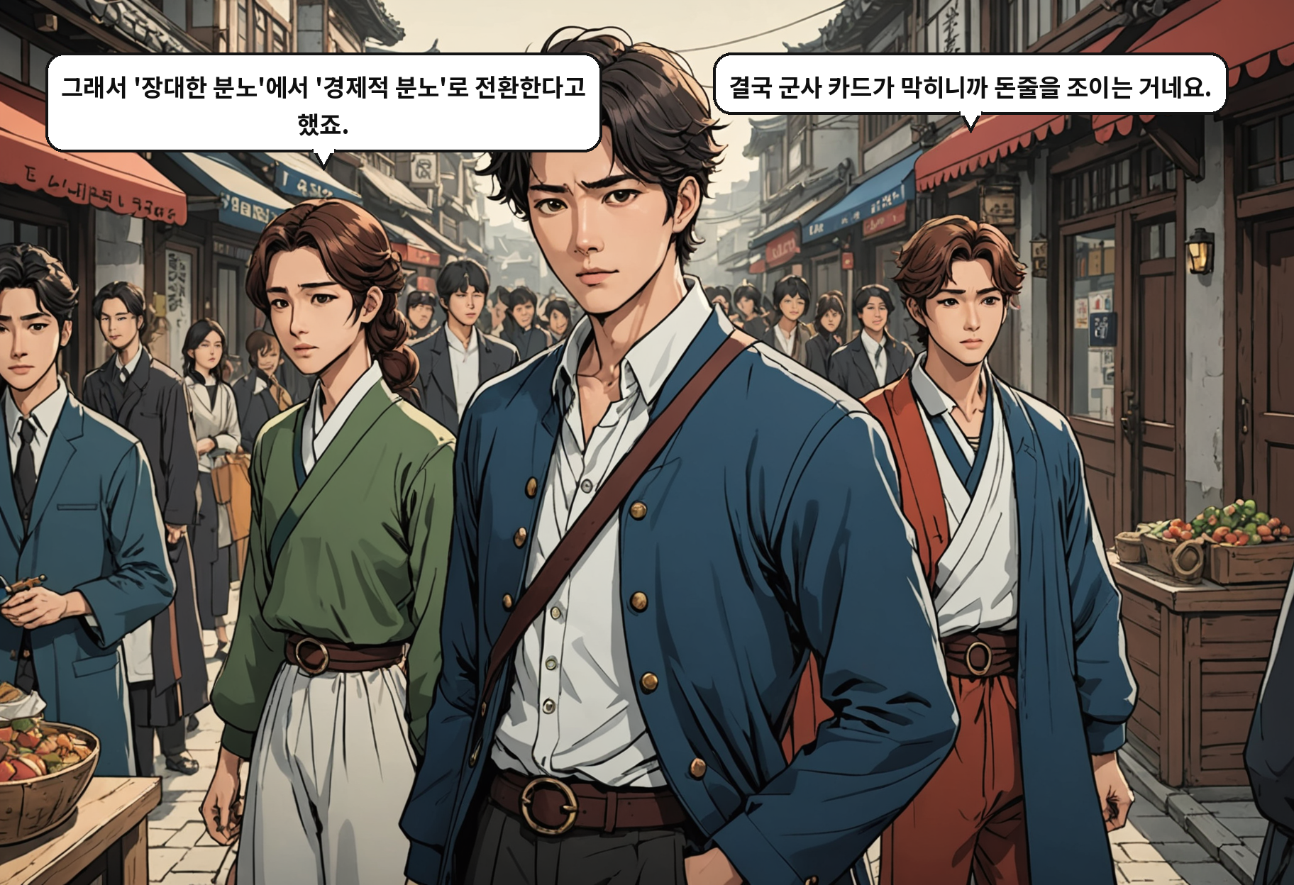 B: 그래서 '장대한 분노'에서 '경제적 분노'로 전환한다고 했죠. A: 결국 군사 카드가 막히니까 돈줄을 조이는 거네요.