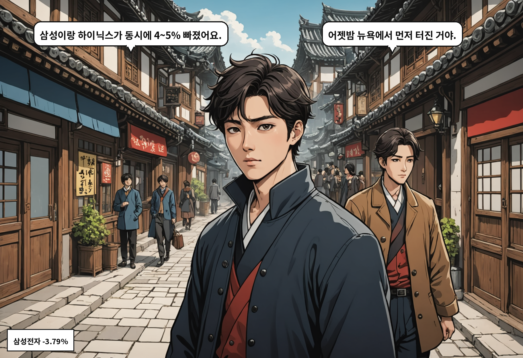 A: 삼성이랑 하이닉스가 동시에 4~5% 빠졌어요. B: 어젯밤 뉴욕에서 먼저 터진 거야.