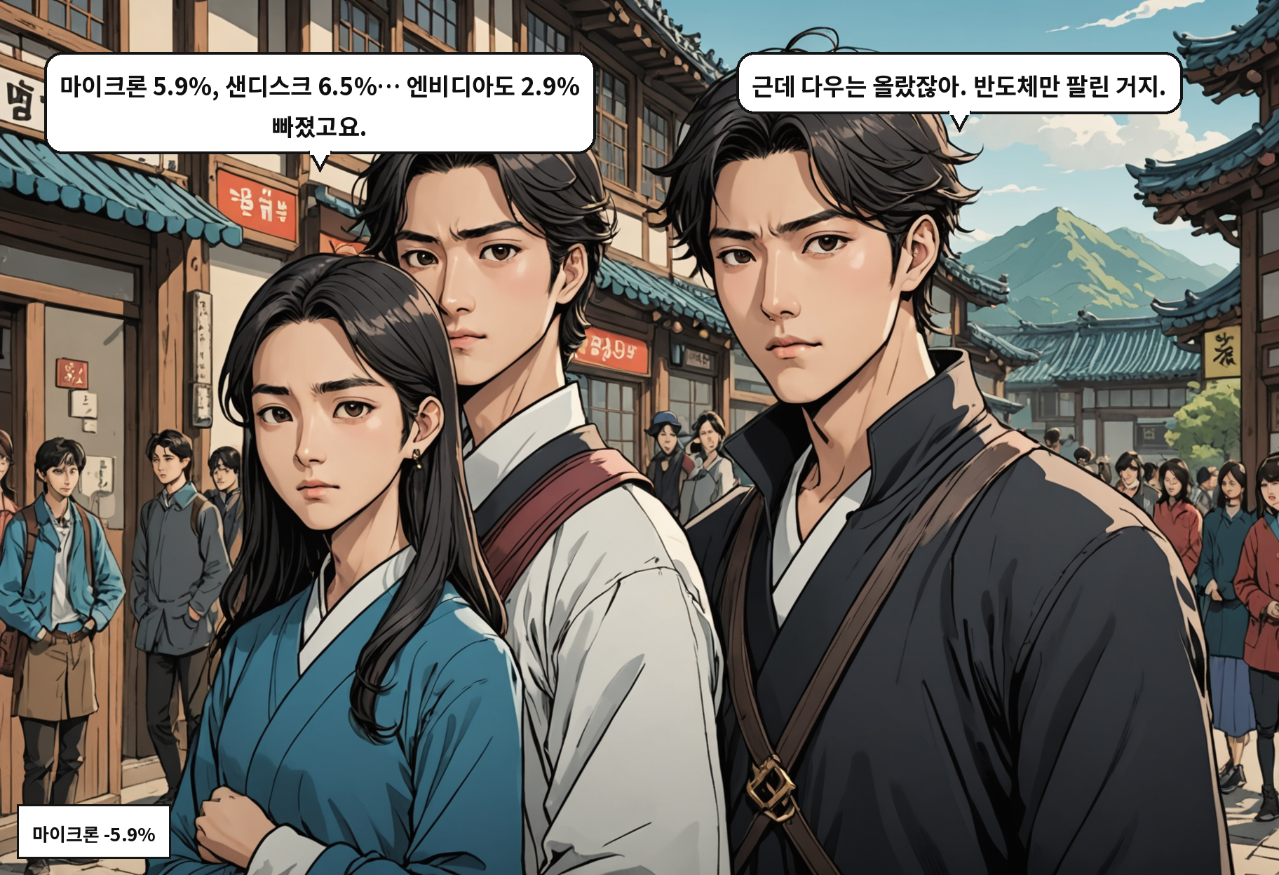 A: 마이크론 5.9%, 샌디스크 6.5%… 엔비디아도 2.9% 빠졌고요. B: 근데 다우는 올랐잖아. 반도체만 팔린 거지.
