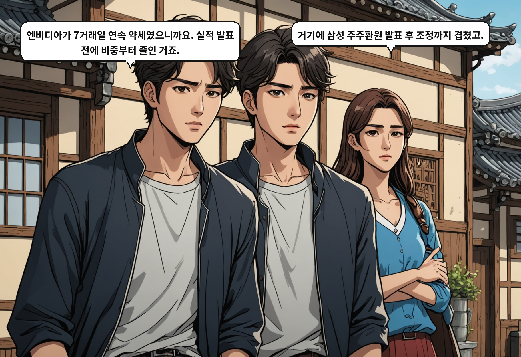 A: 엔비디아가 7거래일 연속 약세였으니까요. 실적 발표 전에 비중부터 줄인 거죠. B: 거기에 삼성 주주환원 발표 후 조정까지 겹쳤고.