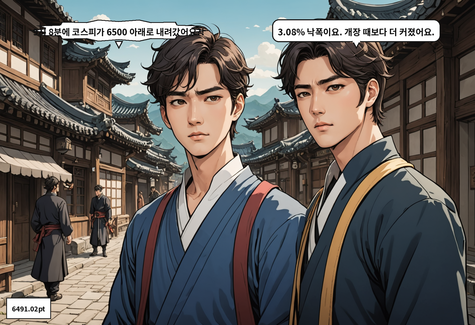 B: 9시 8분에 코스피가 6500 아래로 내려갔어요?! A: 3.08% 낙폭이요. 개장 때보다 더 커졌어요.