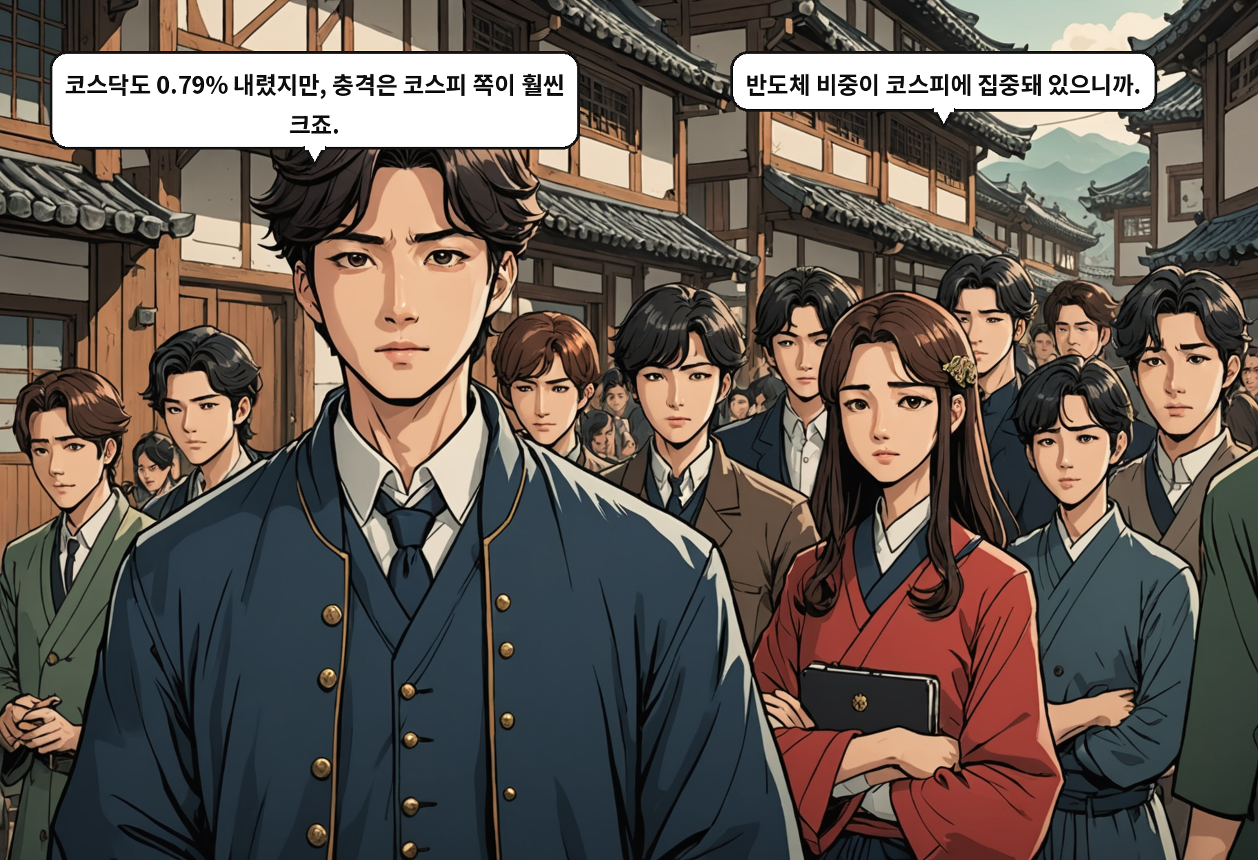 A: 코스닥도 0.79% 내렸지만, 충격은 코스피 쪽이 훨씬 크죠. B: 반도체 비중이 코스피에 집중돼 있으니까.