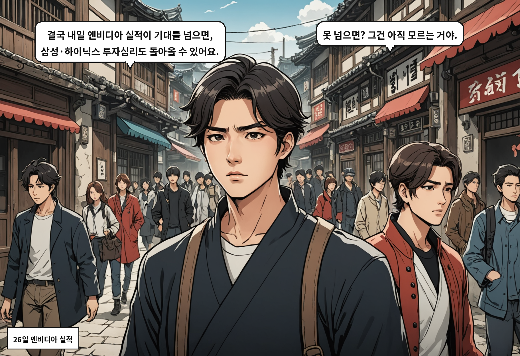 A: 결국 내일 엔비디아 실적이 기대를 넘으면, 삼성·하이닉스 투자심리도 돌아올 수 있어요. B: 못 넘으면? 그건 아직 모르는 거야.