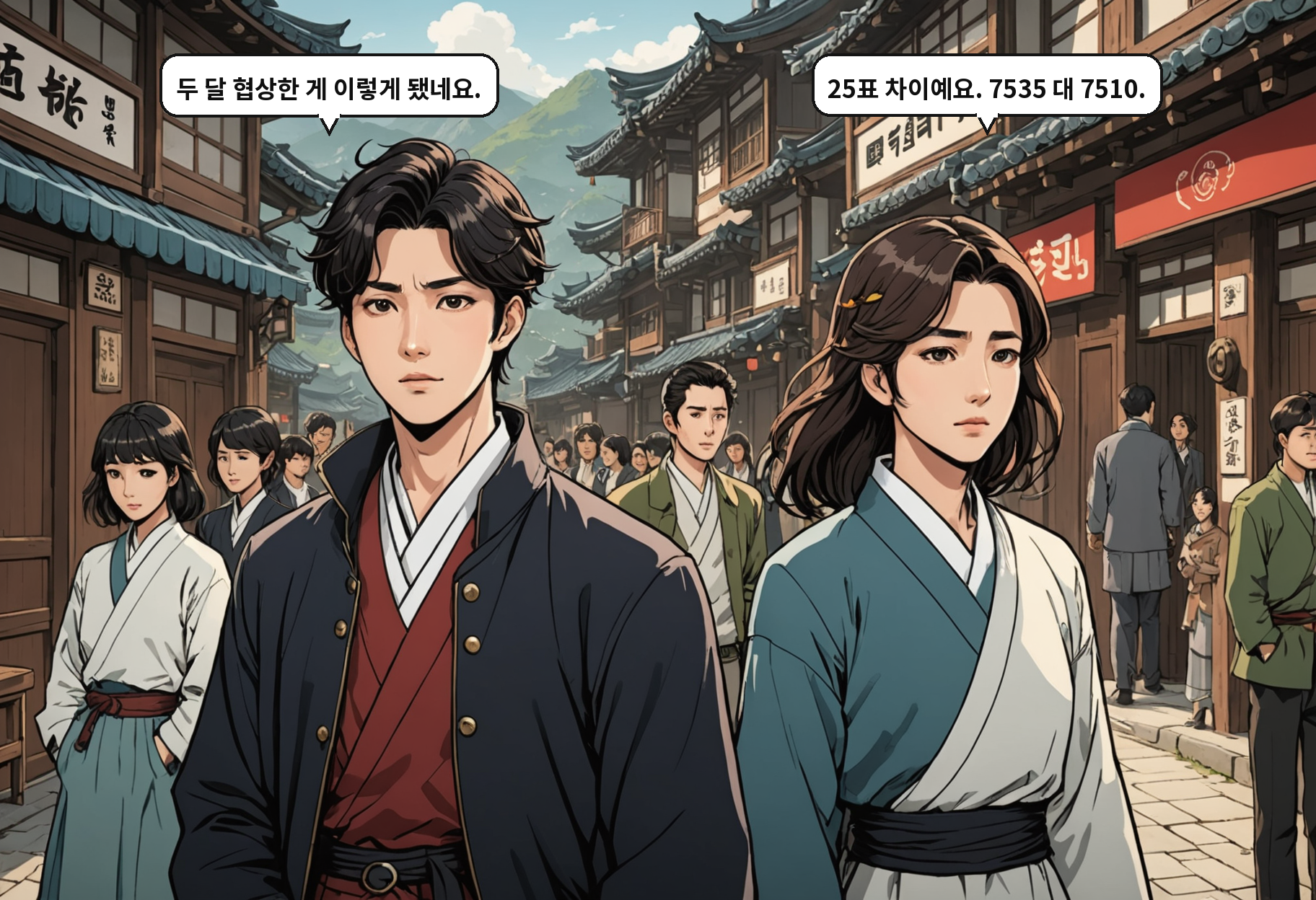 A: 두 달 협상한 게 이렇게 됐네요. B: 25표 차이예요. 7535 대 7510.