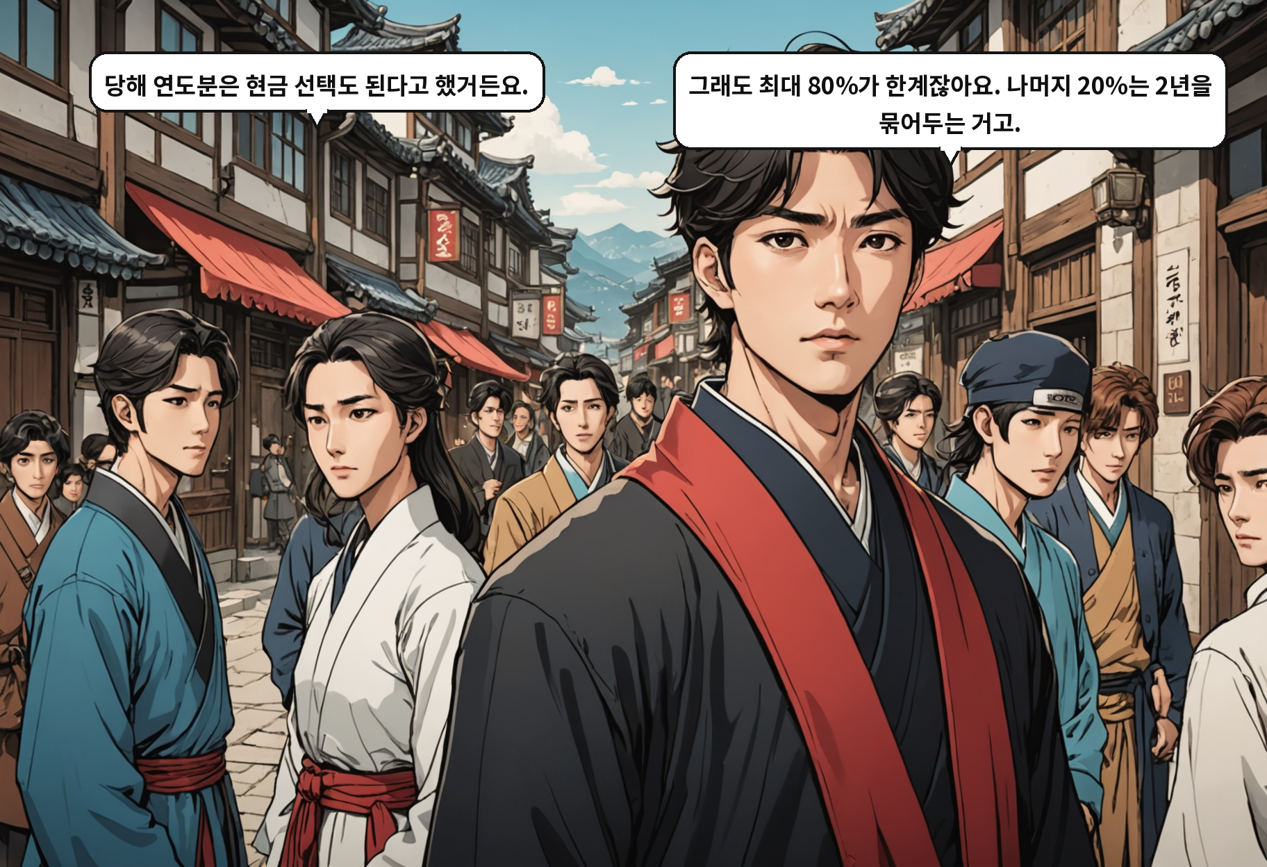 B: 당해 연도분은 현금 선택도 된다고 했거든요. A: 그래도 최대 80%가 한계잖아요. 나머지 20%는 2년을 묶어두는 거고.