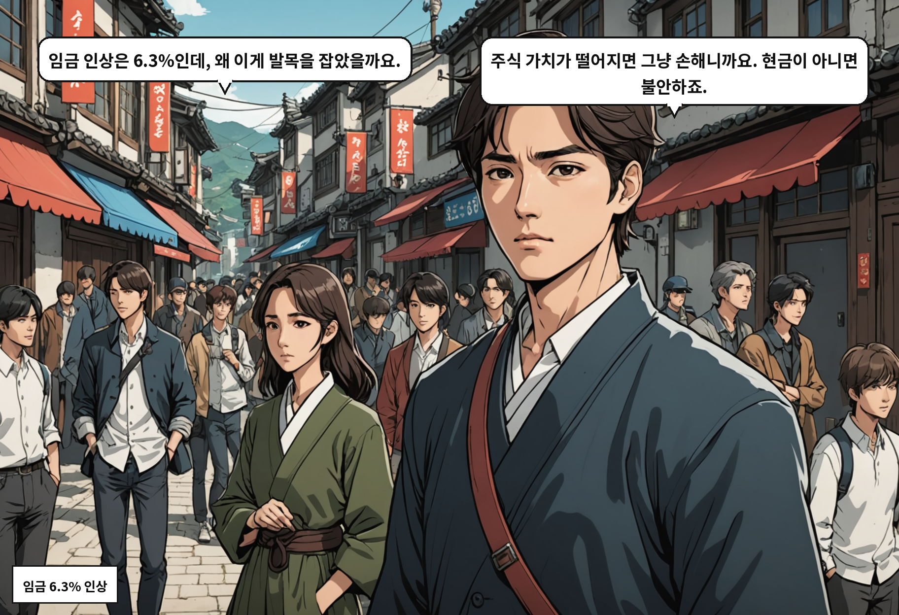 A: 임금 인상은 6.3%인데, 왜 이게 발목을 잡았을까요. B: 주식 가치가 떨어지면 그냥 손해니까요. 현금이 아니면 불안하죠.