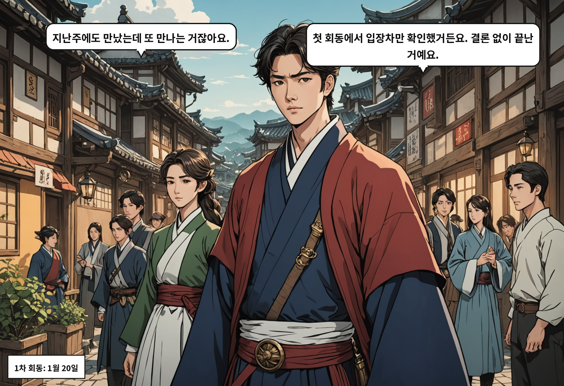 B: 지난주에도 만났는데 또 만나는 거잖아요. A: 첫 회동에서 입장차만 확인했거든요. 결론 없이 끝난 거예요.