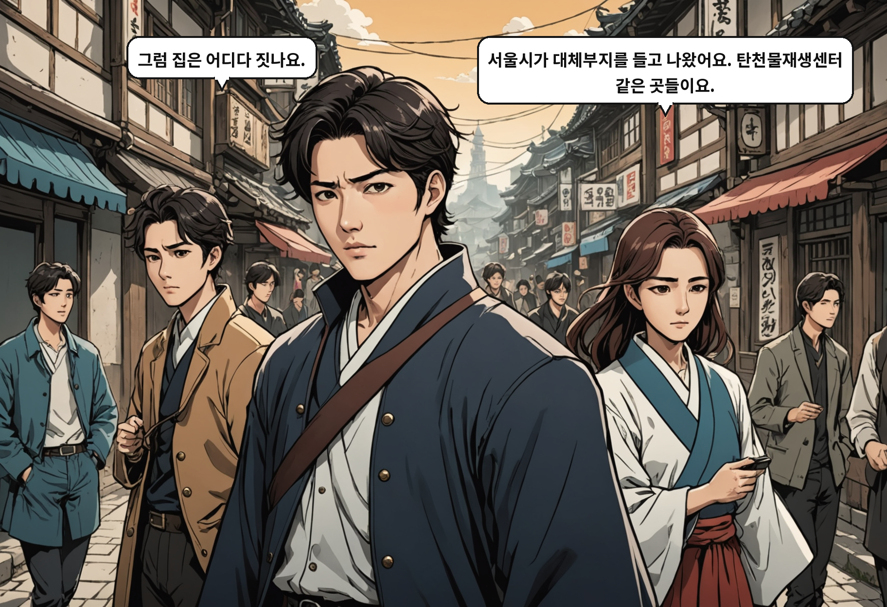 B: 그럼 집은 어디다 짓나요. A: 서울시가 대체부지를 들고 나왔어요. 탄천물재생센터 같은 곳들이요.