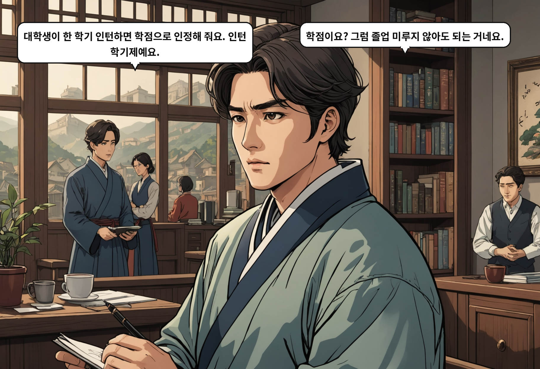 B: 대학생이 한 학기 인턴하면 학점으로 인정해 줘요. 인턴 학기제예요. A: 학점이요? 그럼 졸업 미루지 않아도 되는 거네요.