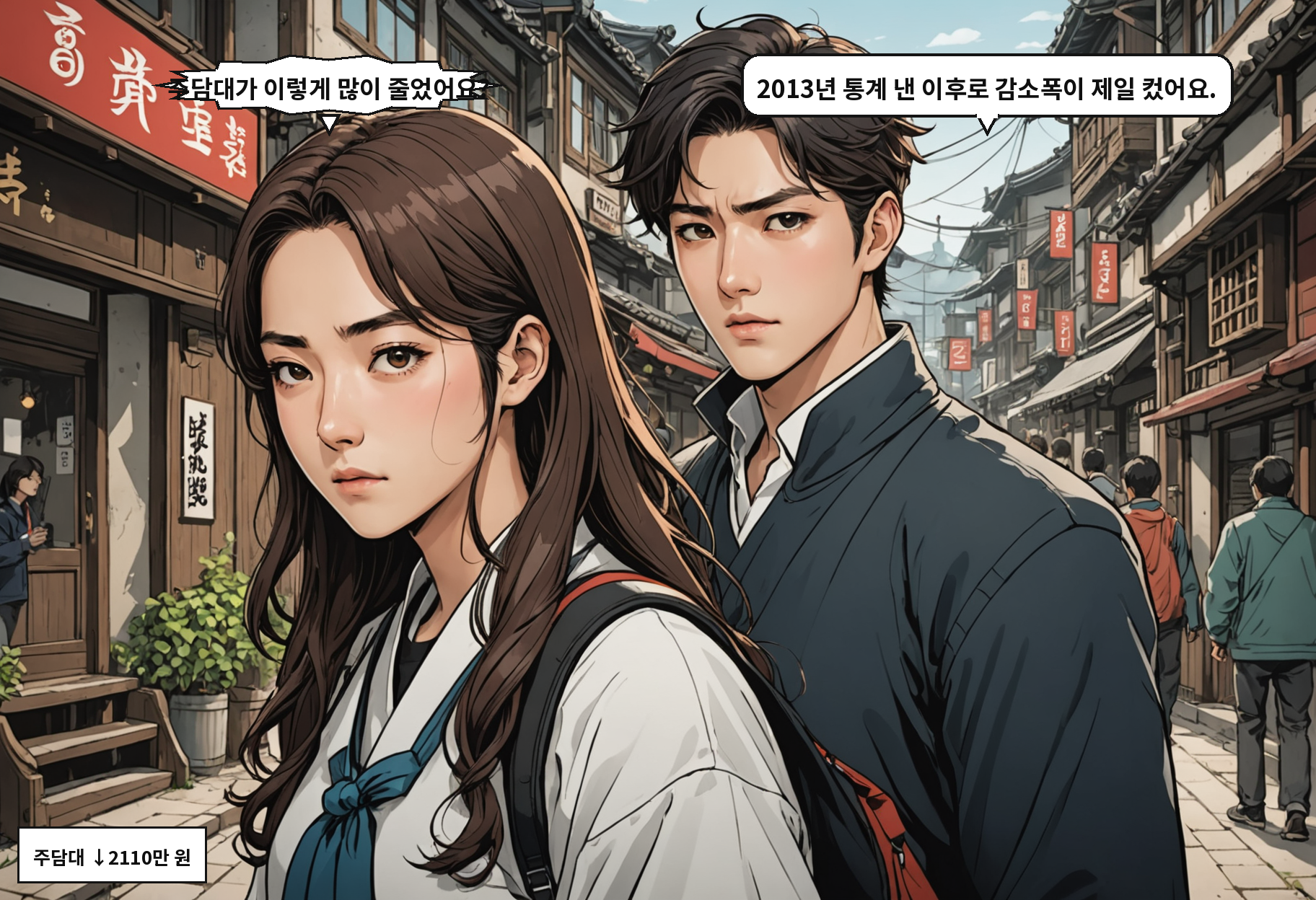 A: 주담대가 이렇게 많이 줄었어요? B: 2013년 통계 낸 이후로 감소폭이 제일 컸어요.