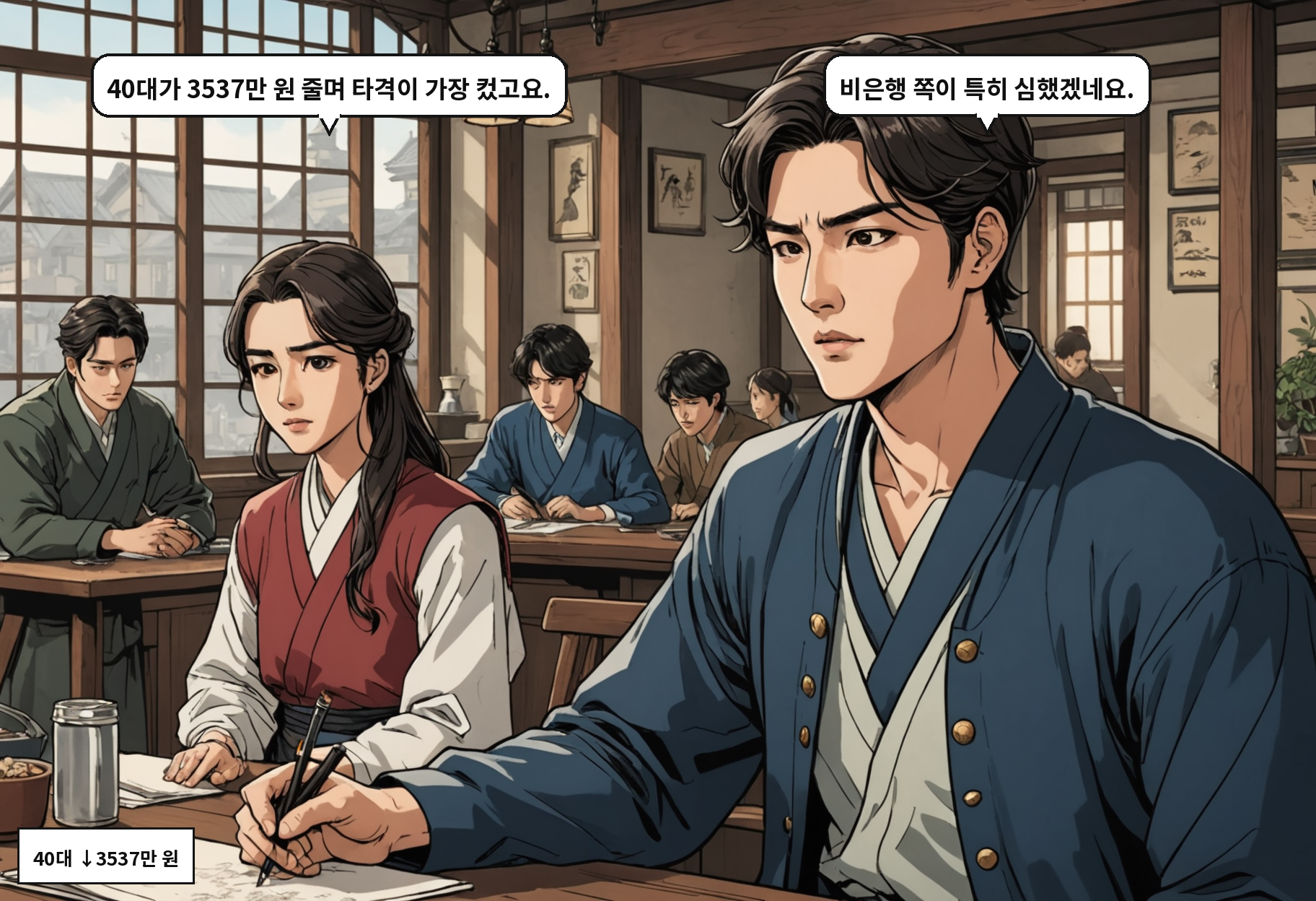 B: 40대가 3537만 원 줄며 타격이 가장 컸고요. A: 비은행 쪽이 특히 심했겠네요.