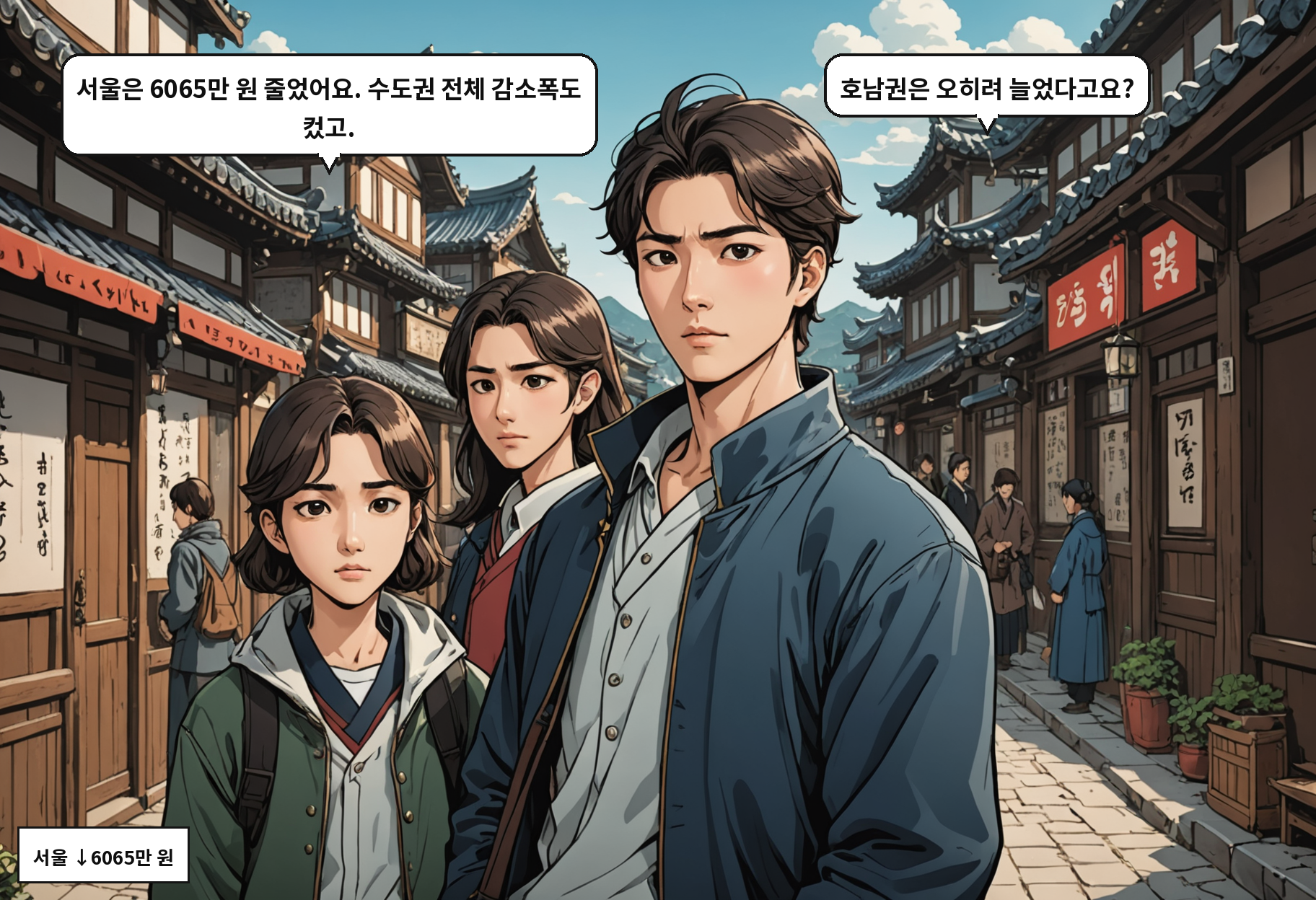 B: 서울은 6065만 원 줄었어요. 수도권 전체 감소폭도 컸고. A: 호남권은 오히려 늘었다고요?