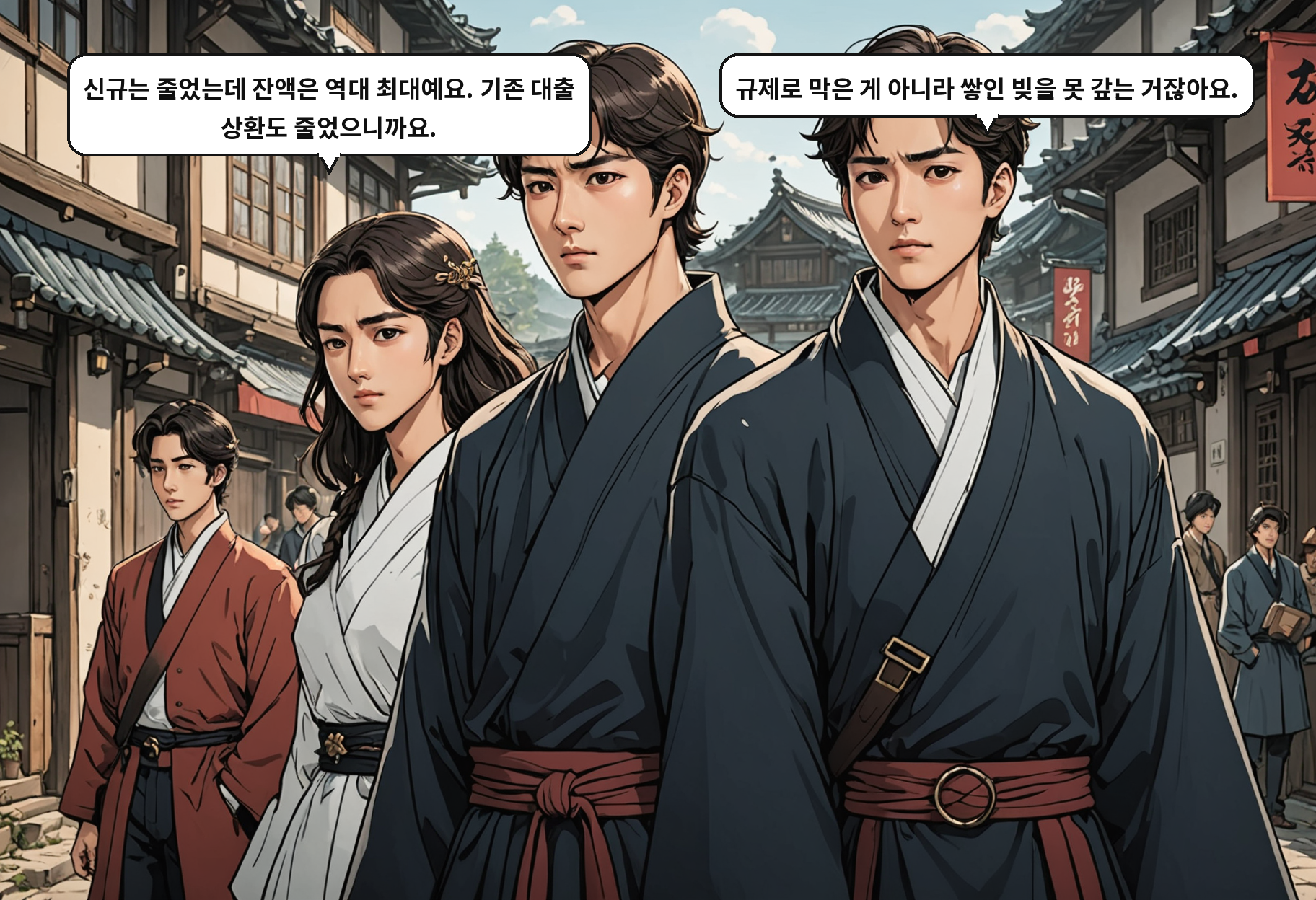 B: 신규는 줄었는데 잔액은 역대 최대예요. 기존 대출 상환도 줄었으니까요. A: 규제로 막은 게 아니라 쌓인 빚을 못 갚는 거잖아요.