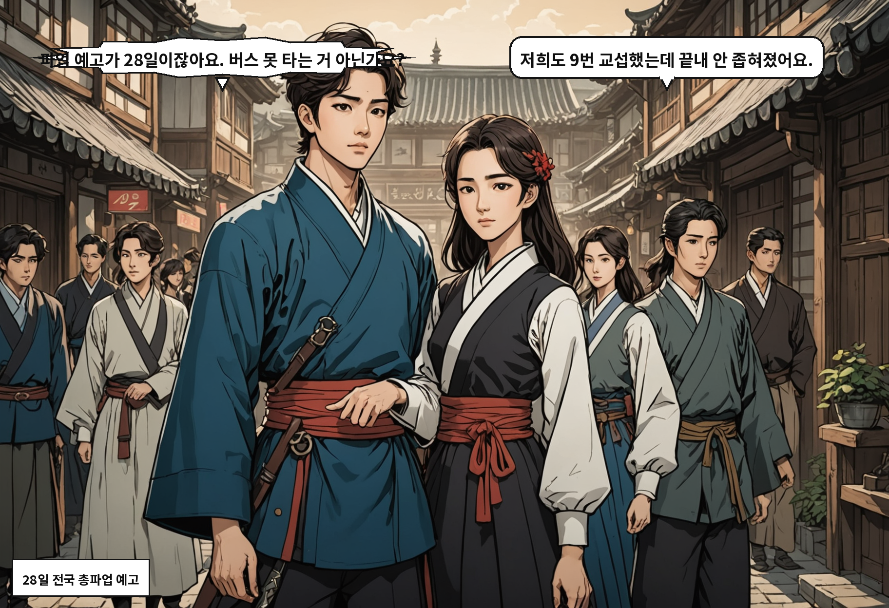 A: 파업 예고가 28일이잖아요. 버스 못 타는 거 아닌가요? B: 저희도 9번 교섭했는데 끝내 안 좁혀졌어요.