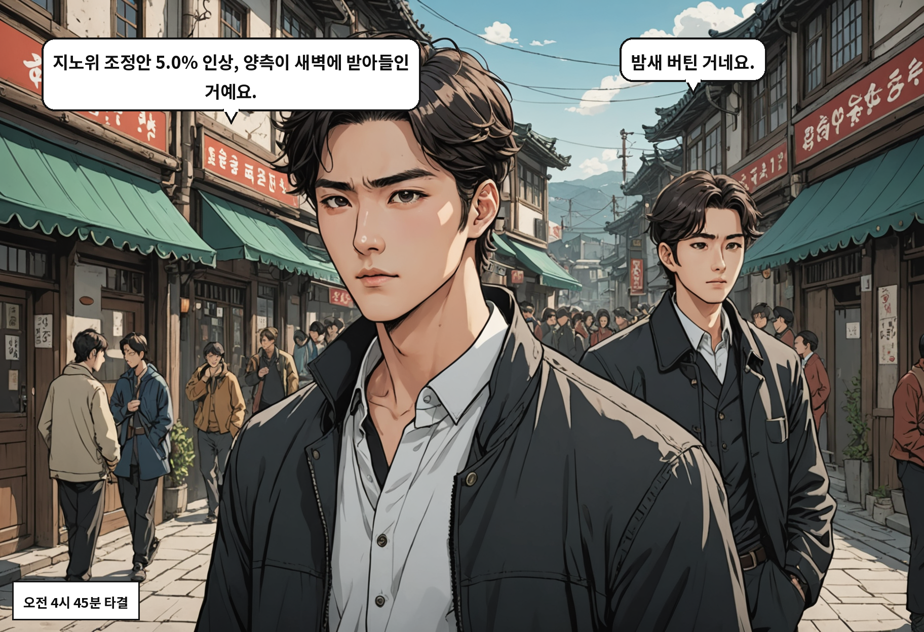 B: 지노위 조정안 5.0% 인상, 양측이 새벽에 받아들인 거예요. A: 밤새 버틴 거네요.