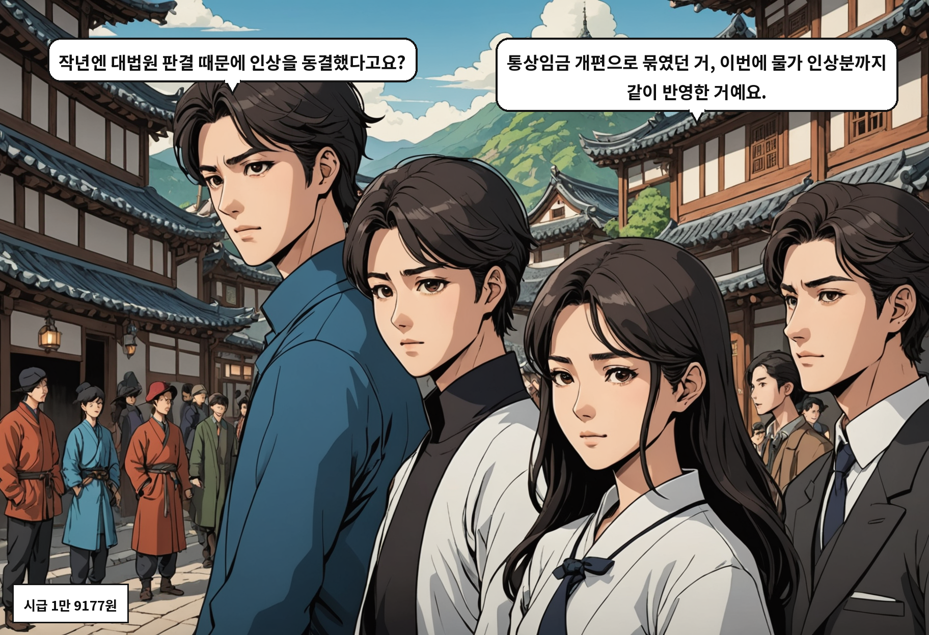 A: 작년엔 대법원 판결 때문에 인상을 동결했다고요? B: 통상임금 개편으로 묶였던 거, 이번에 물가 인상분까지 같이 반영한 거예요.