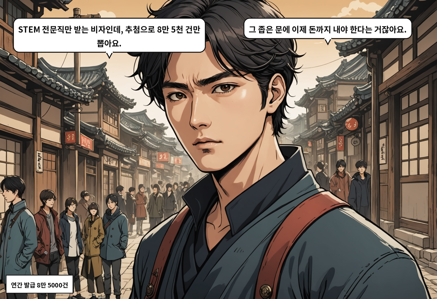 A: STEM 전문직만 받는 비자인데, 추첨으로 8만 5천 건만 뽑아요. B: 그 좁은 문에 이제 돈까지 내야 한다는 거잖아요.