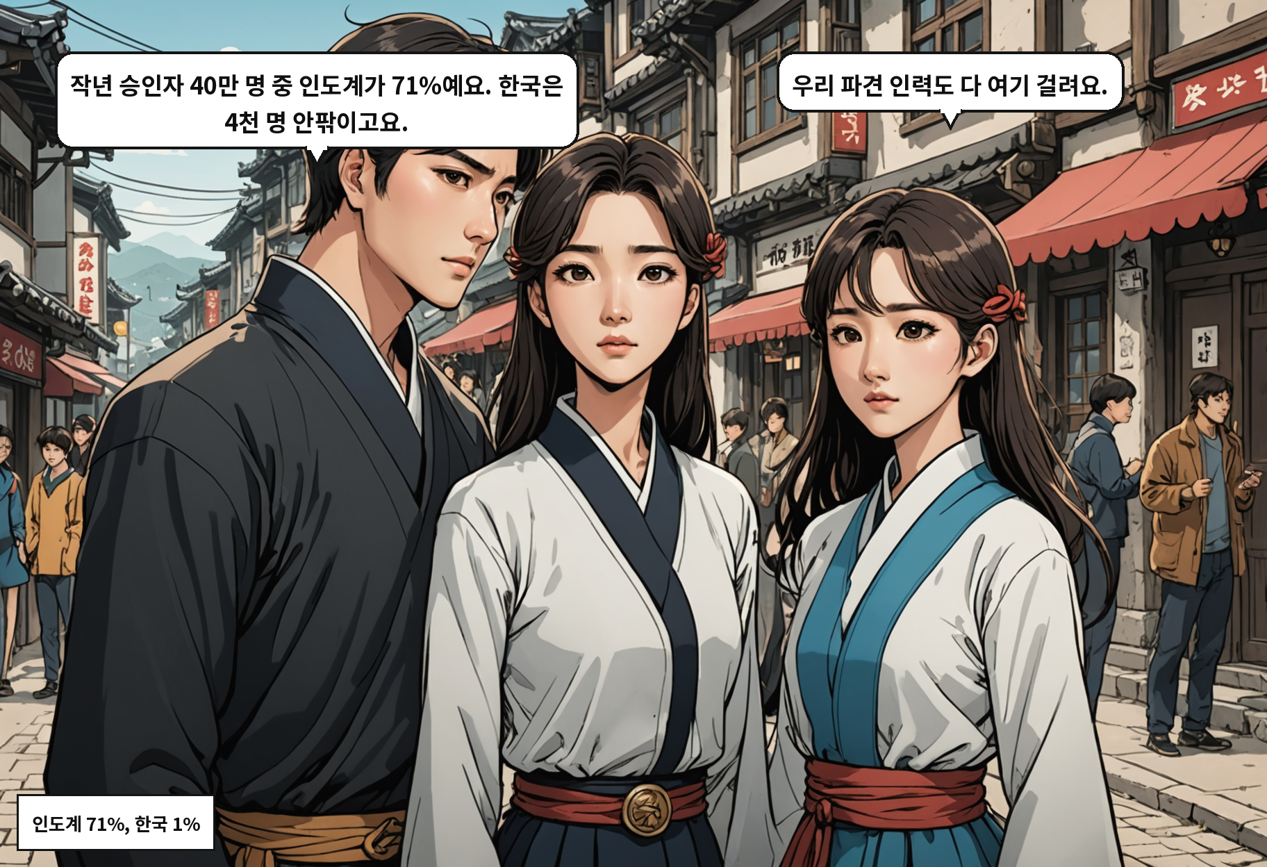 A: 작년 승인자 40만 명 중 인도계가 71%예요. 한국은 4천 명 안팎이고요. B: 우리 파견 인력도 다 여기 걸려요.