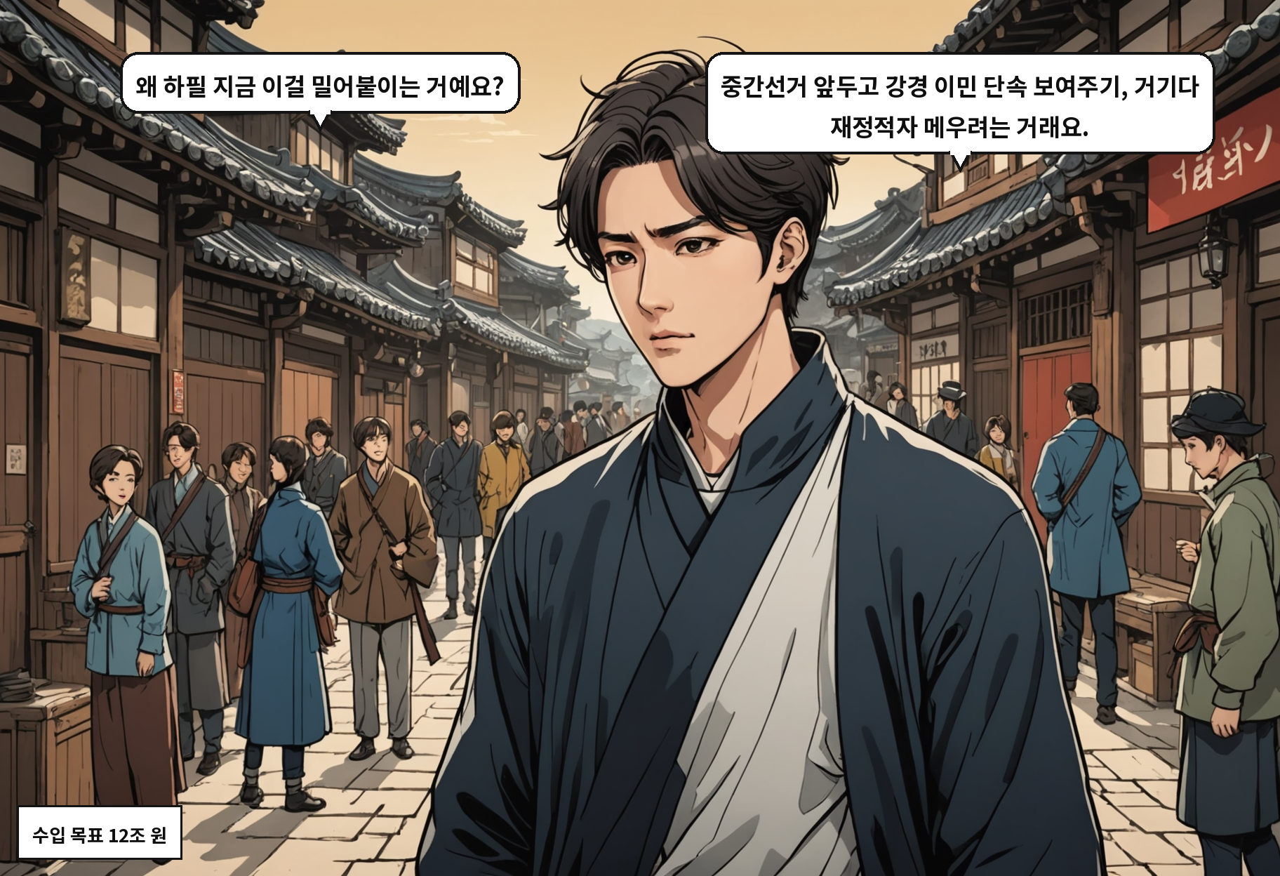 B: 왜 하필 지금 이걸 밀어붙이는 거예요? A: 중간선거 앞두고 강경 이민 단속 보여주기, 거기다 재정적자 메우려는 거래요.