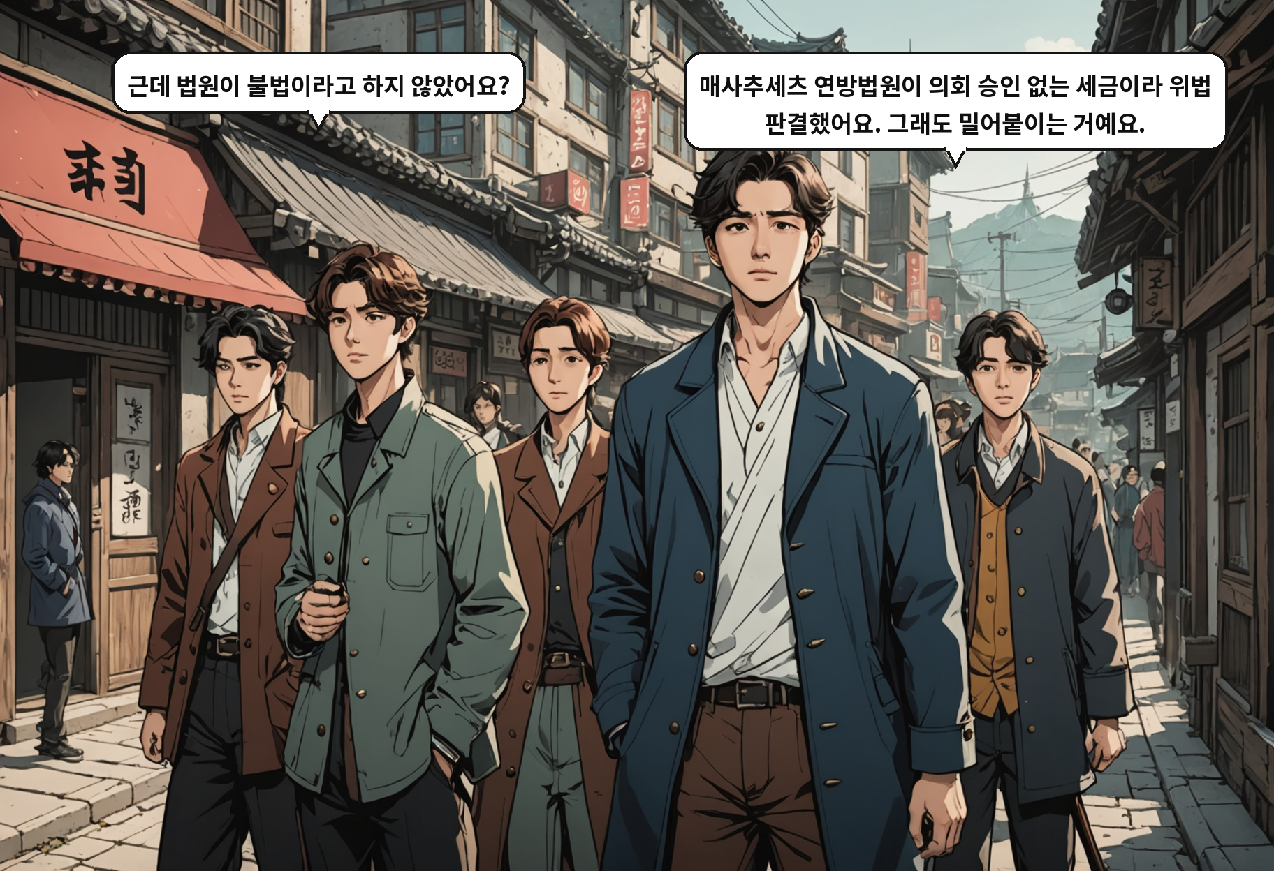B: 근데 법원이 불법이라고 하지 않았어요? A: 매사추세츠 연방법원이 의회 승인 없는 세금이라 위법 판결했어요. 그래도 밀어붙이는 거예요.